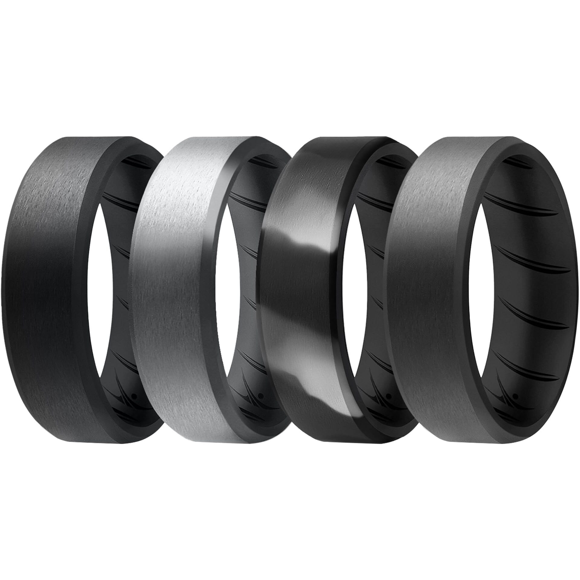 ROQ Silicone Rubber Wedding Ring for Men, Comfort Fit, Men's Wedding Band, Breathable Rubber Engagement Band, 8mm Wide 2mm Thick, Beveled Duo, 4 Pack, Black, Silver, Black Camo, Grey, Size 16