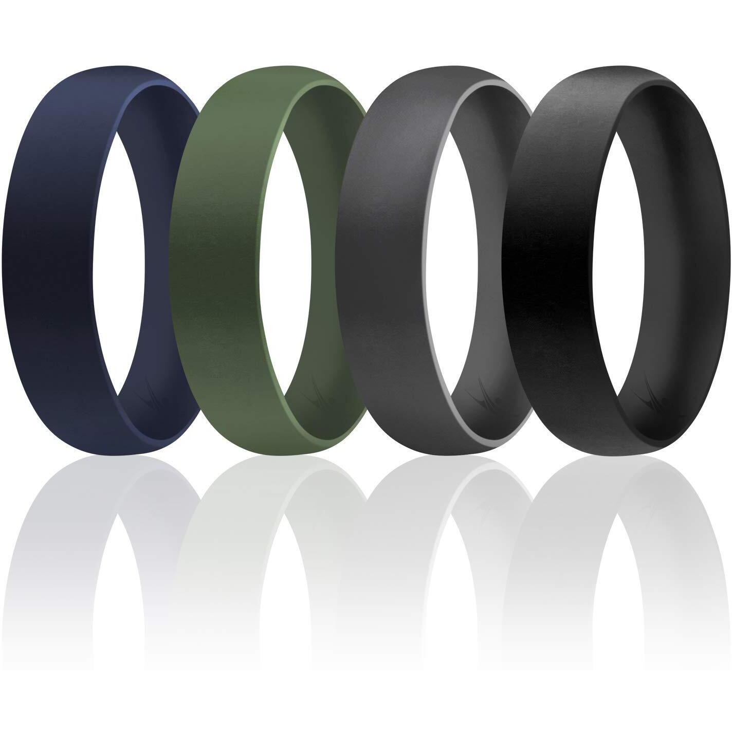 ROQ Silicone Rubber Wedding Ring for Men & Women, Comfort Fit, Men & Women's Wedding Band, Breathable Rubber Engagement Band, 6mm Wide 2mm Thick, Dome Solid Thin, 4 Pack, Blue, Green, Grey, Black, Size 16