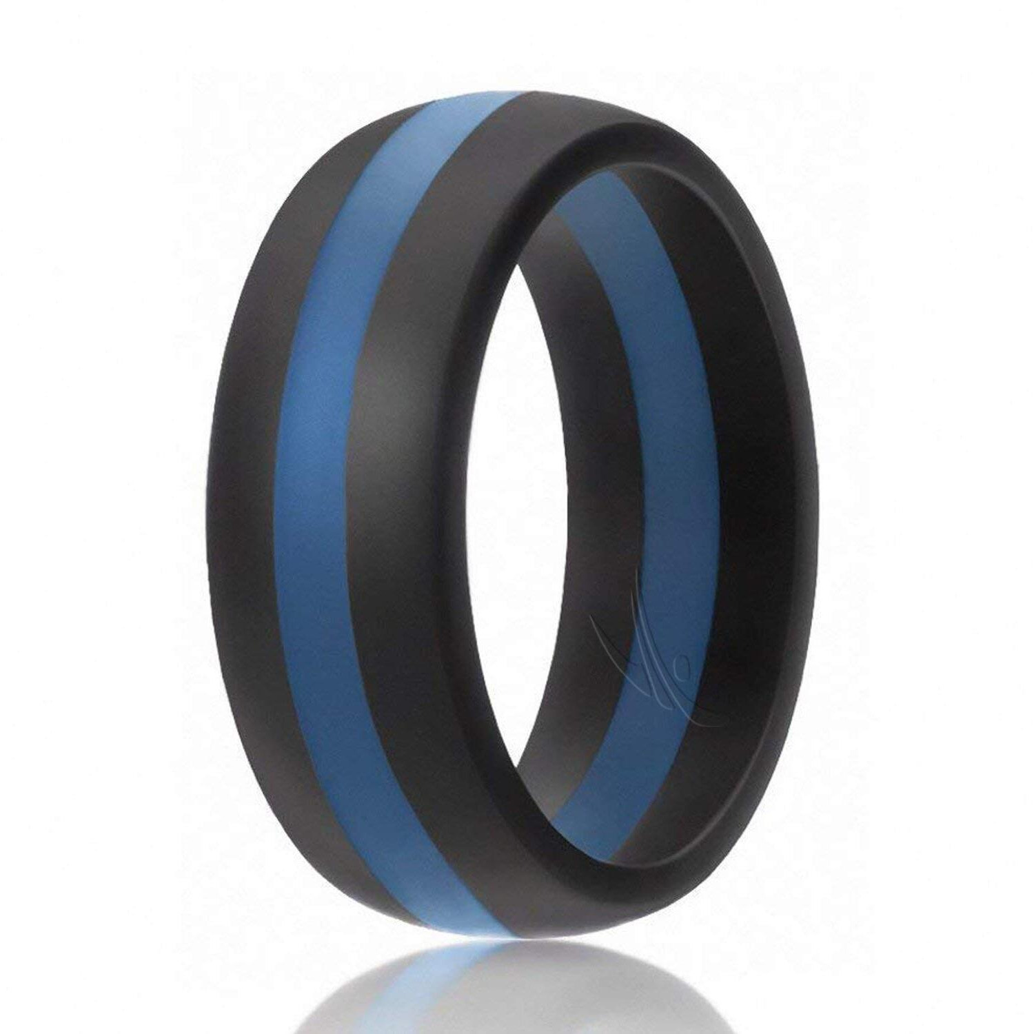 ROQ Silicone Rubber Wedding Ring for Men, Comfort Fit, Men's Wedding Band, Breathable Rubber Engagement Band, 8mm Wide 2mm Thick, Dome Style Middle Line, Solid Stripes, Single, Black & Silver, Size 16