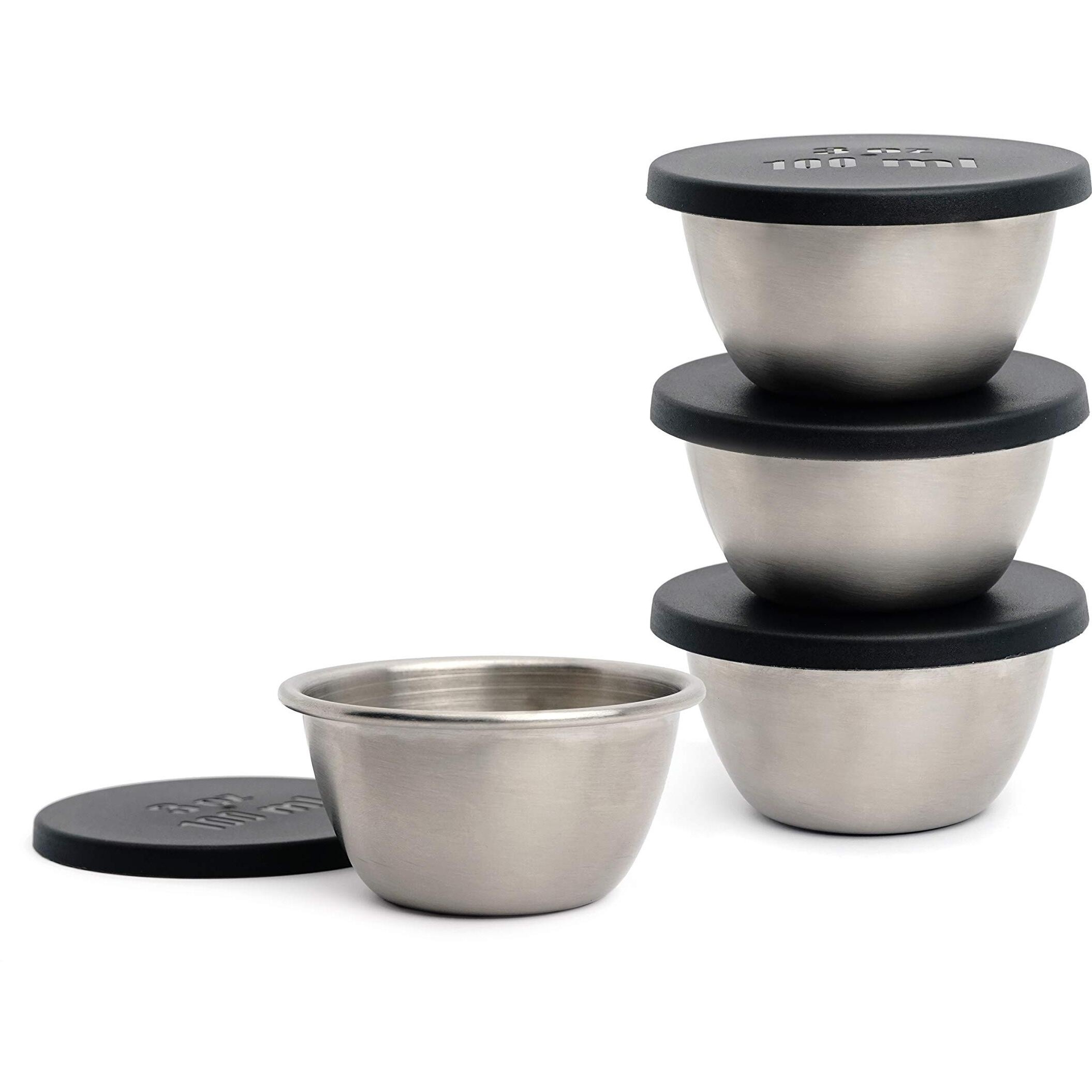 RSVP International Kitchen Prep Bowl Collection, Stainless Steel, Dishwasher Safe, Cup & Lid, 4 Piece, 3-ounce