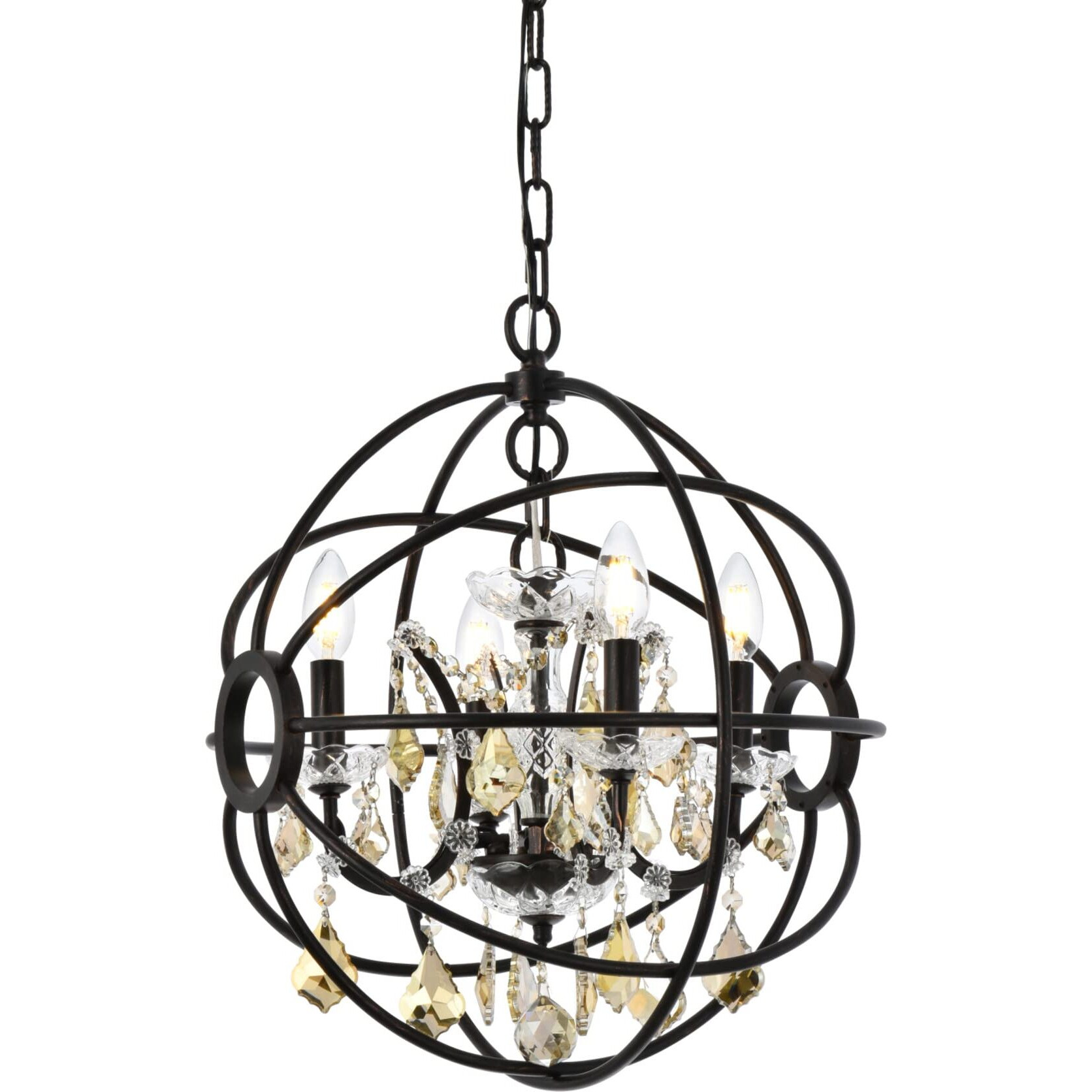 Elegant Lighting Geneva Collection 4-Light Pendant Lamp with Royal Cut Golden Teak Crystals, Dark Bronze Finish