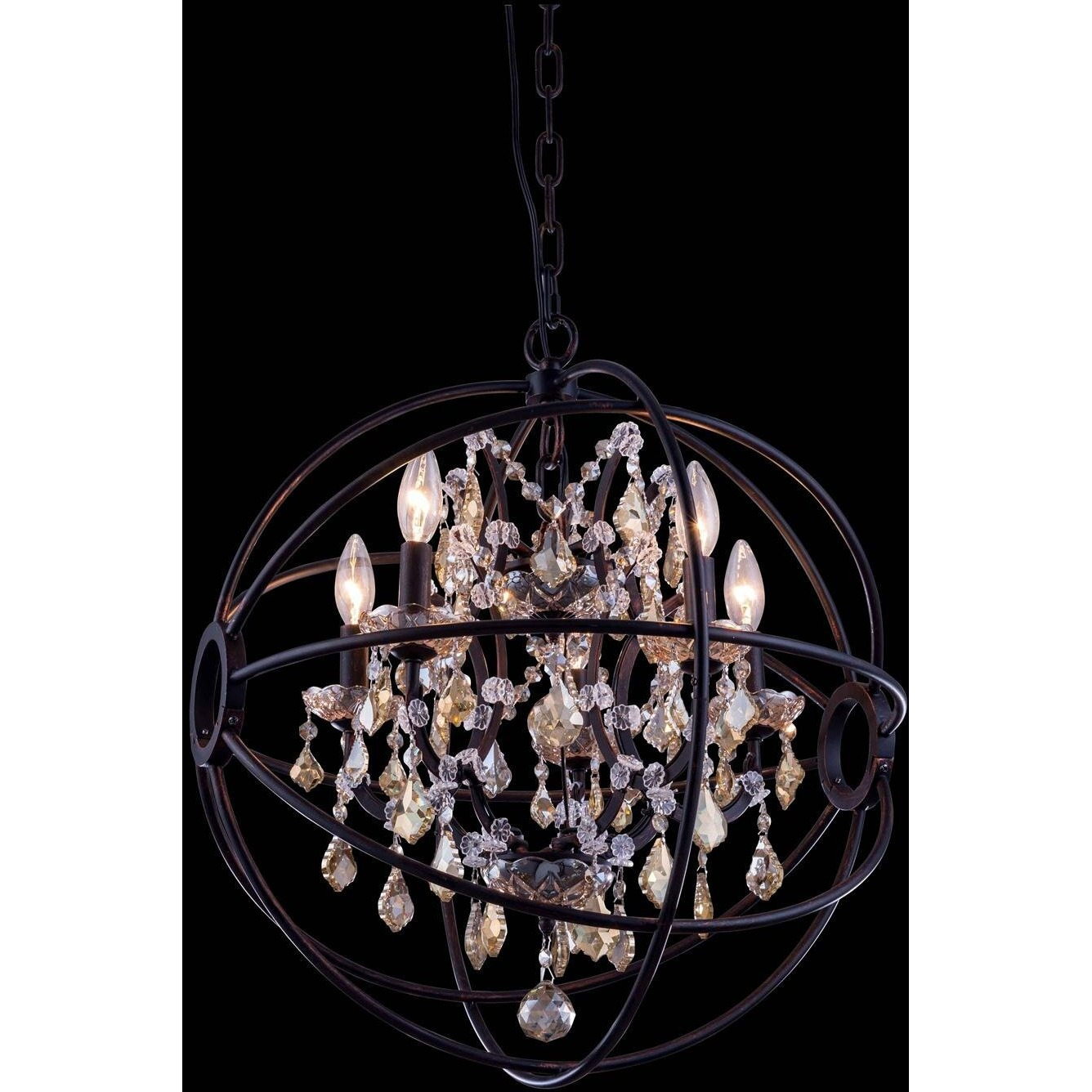 Elegant Lighting Geneva Collection 5-Light Pendant Lamp with Royal Cut Golden Teak Crystals, Dark Bronze Finish