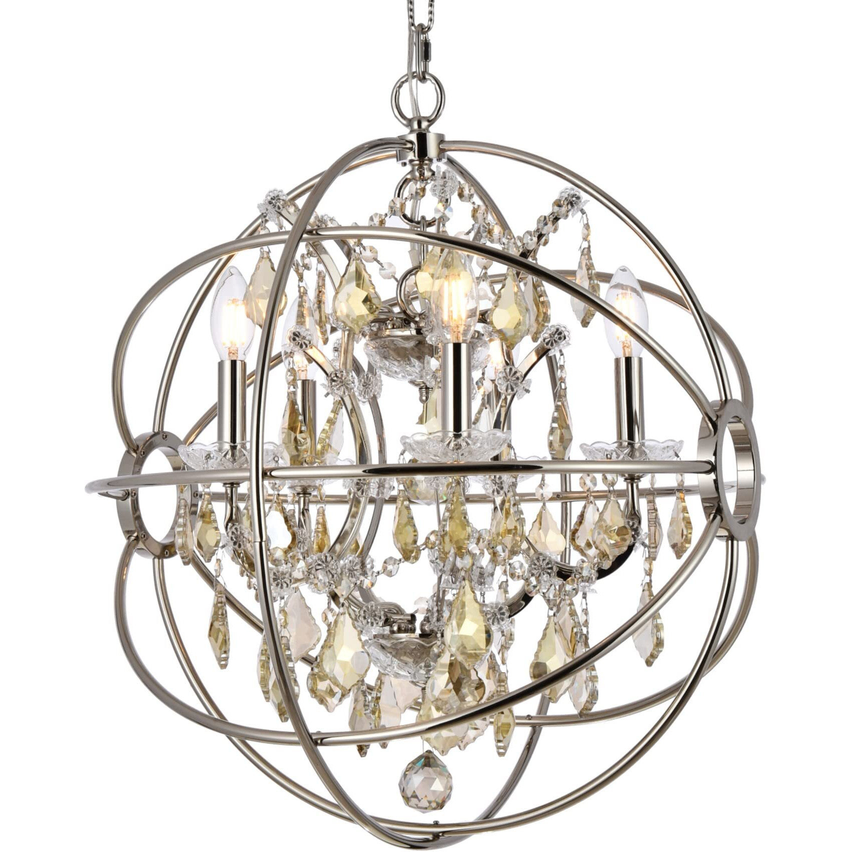 Elegant Lighting Geneva Collection 5-Light Pendant Lamp with Royal Cut Golden Teak Crystals, Polished Nickel Finish