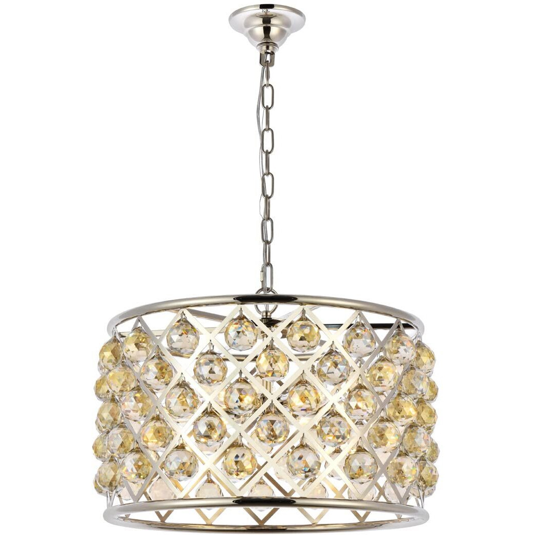 Elegant Lighting Madison Collection 6-Light Pendant Lamp with Royal Cut Golden Teak Crystals, Polished Nickel Finish