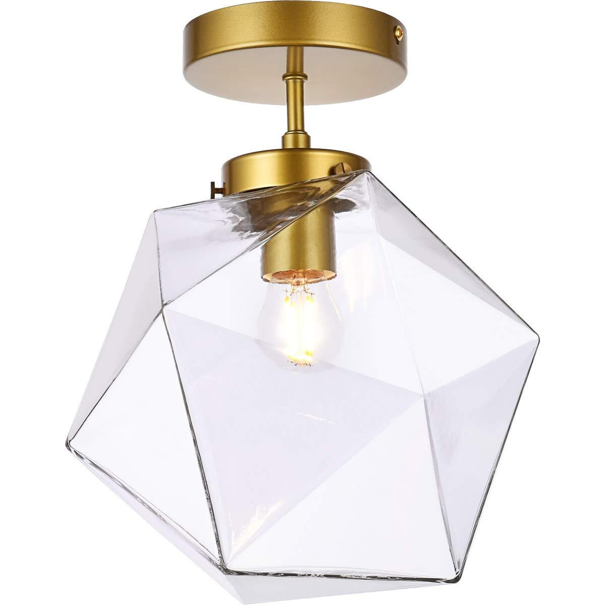 Living District Lawrence 1-Light Mid-Century Metal Flush Mount in Brass/Clear