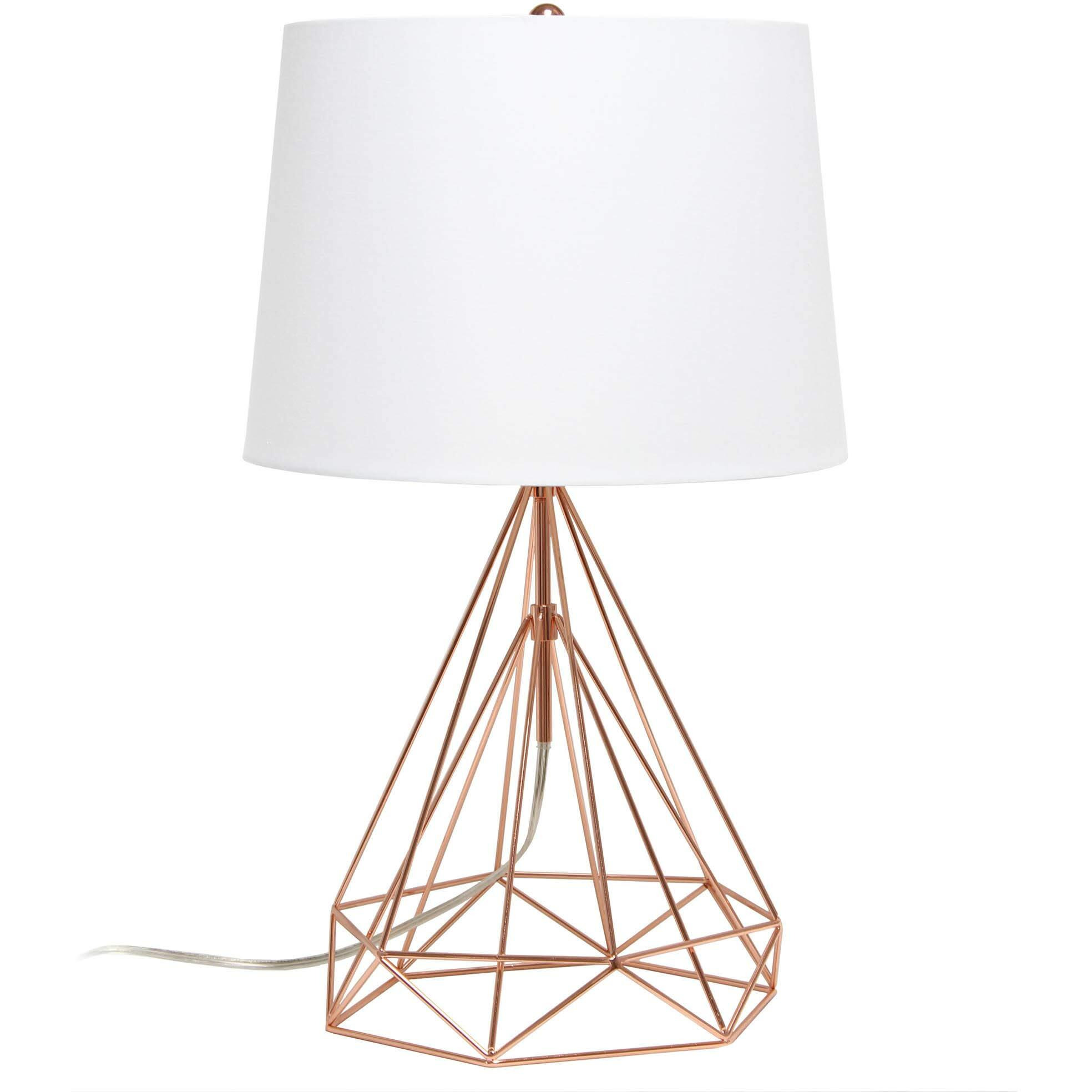 Lalia Home Decorative Table Lamp with Geometric Rose Gold Wired Base and White Fabric Tapered Shade