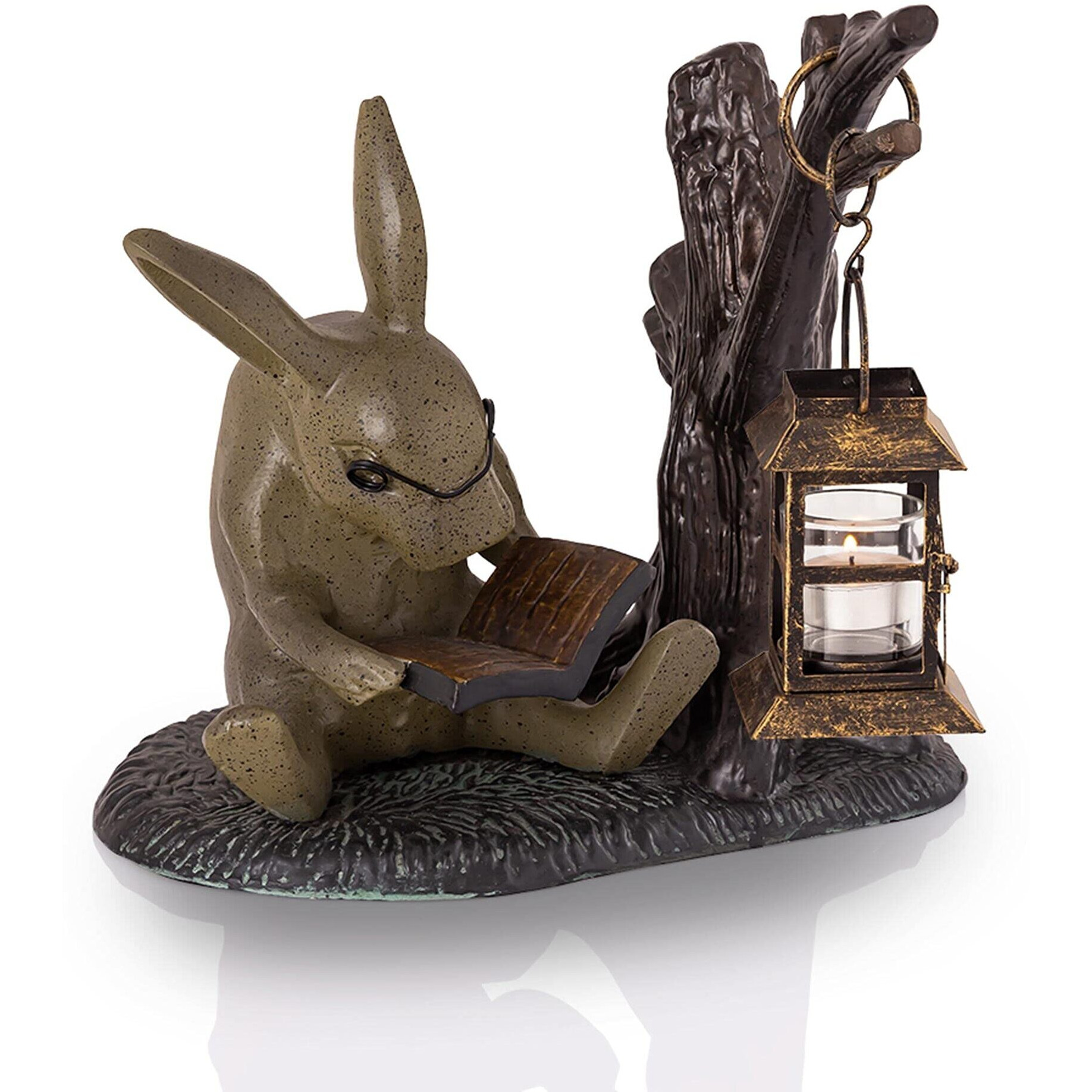 SPI Home Cast Aluminum Booklover Rabbit Garden Lantern Candle Holder Statue