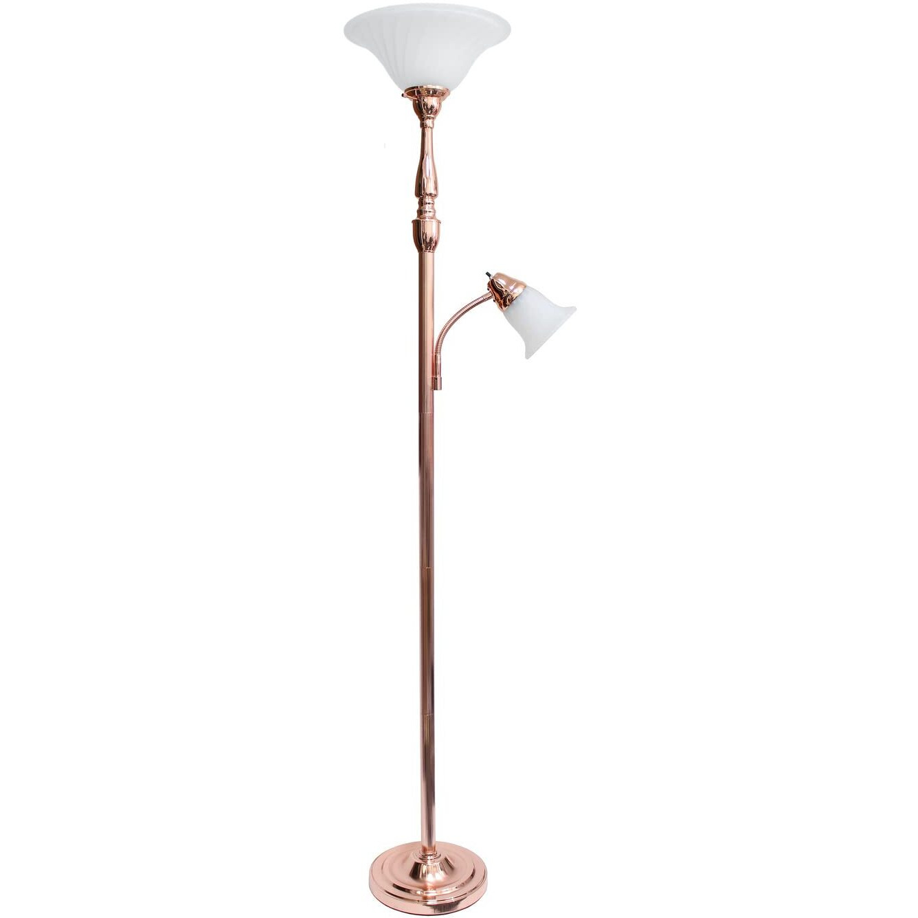 Lalia Home Torchiere Floor Lamp ith Reading Light and Marble Glass Shades, Rose Gold