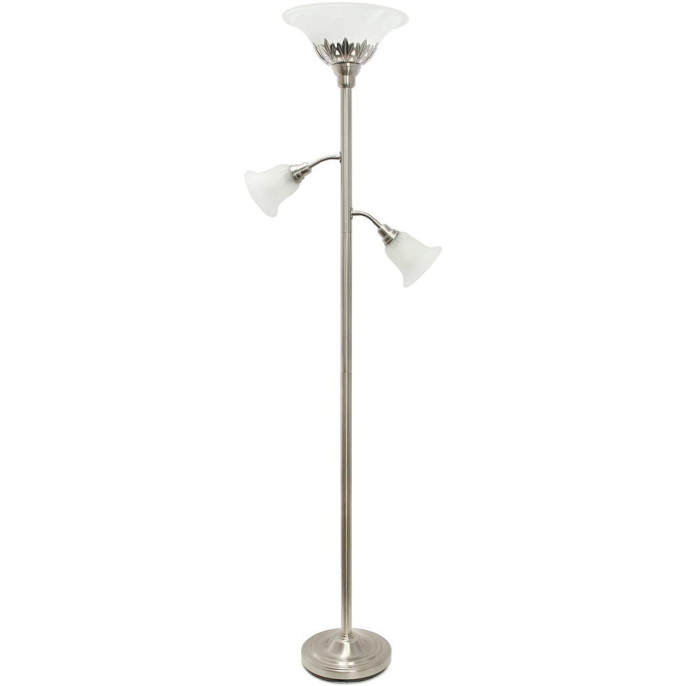 Lalia Home Torchiere Floor Lamp ith 2 Reading Lights and Scalloped Glass Shades, Brushed Nickel