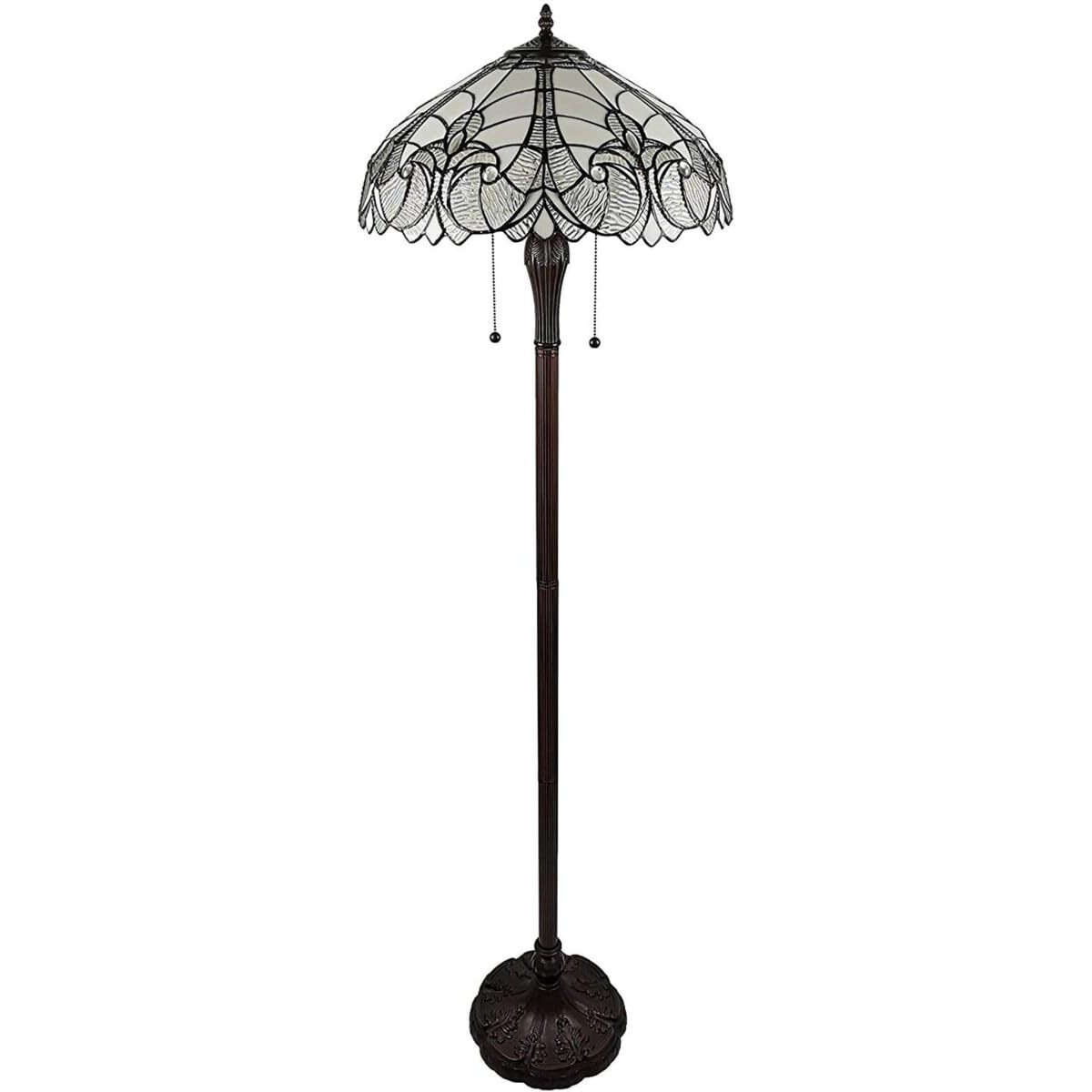 HomeRoots 478083 62 x 18 x 18 in. Brown Two Light Torchiere Floor Lamp with White Fleur De Lis Stained Glass Dome Shade