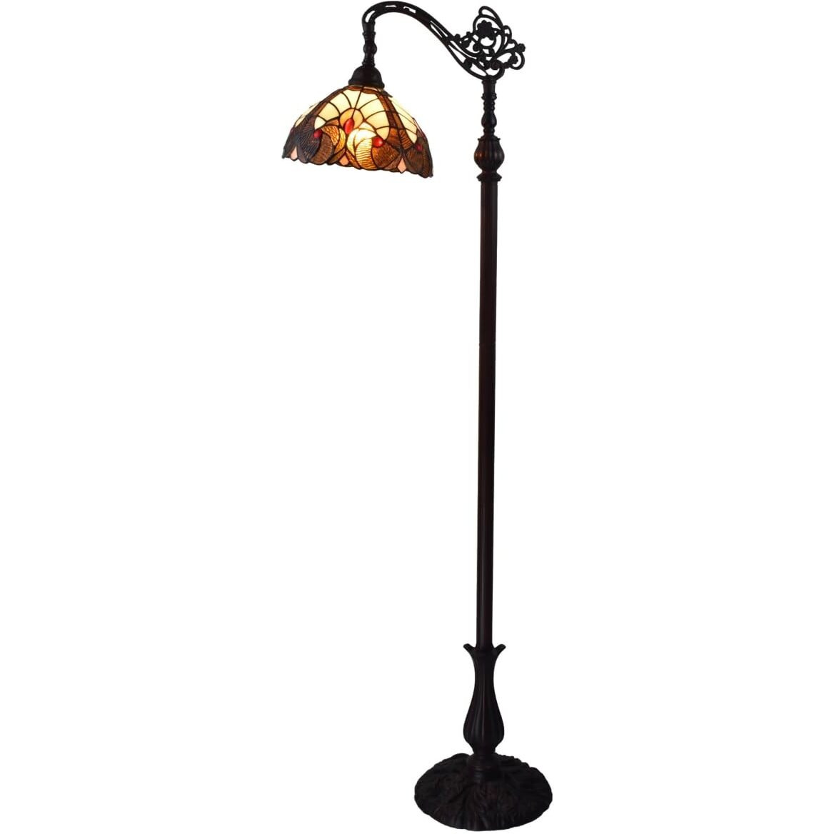 HomeRoots 478098 62 x 12 x 12 in. Brown Traditional Shaped Floor Lamp with Brown & Red Stained Glass Bowl Shade