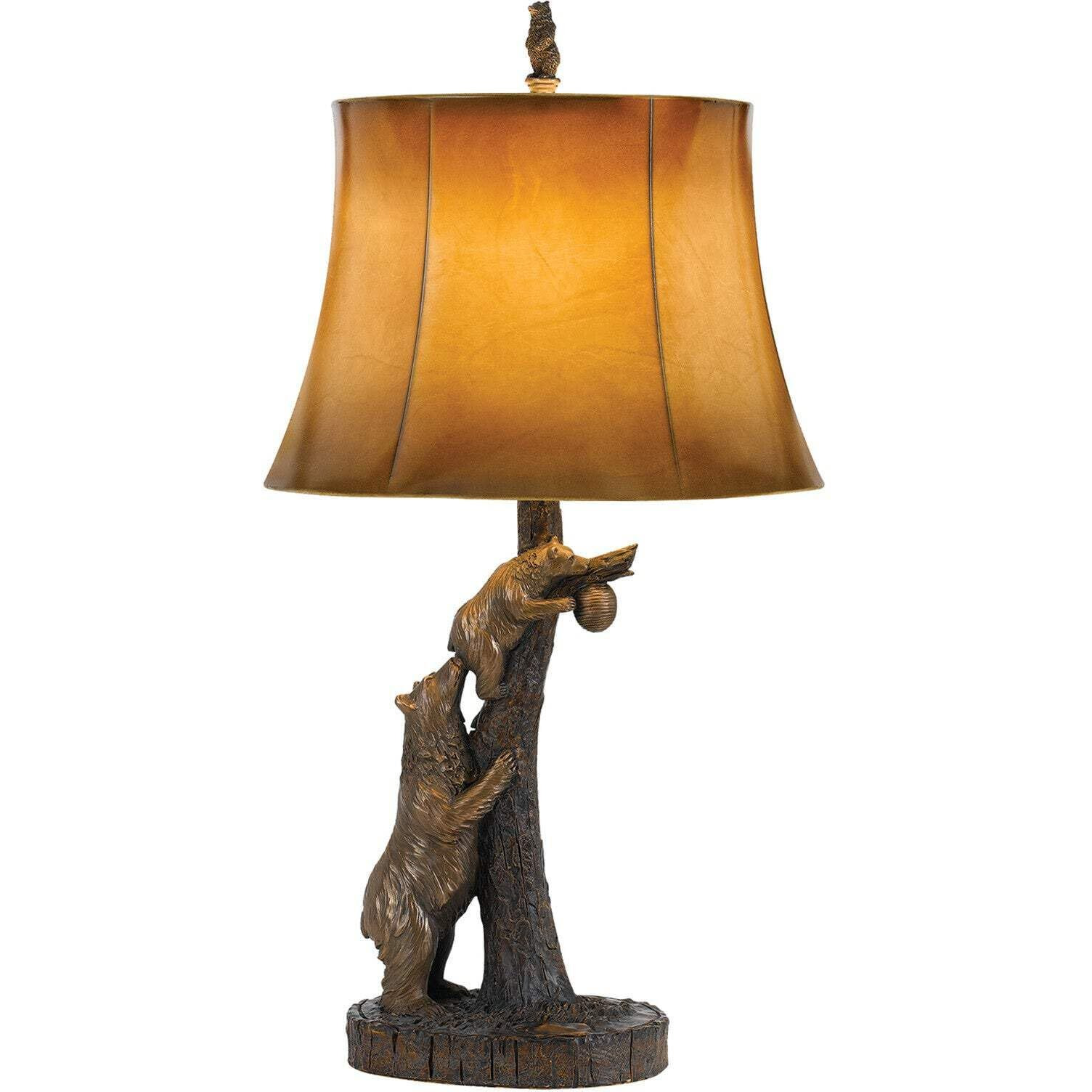 HomeRoots 524661 31 x 16 x 16 in. Bronze Bears After The Honey Table Lamp with Brown Faux Leather Shade