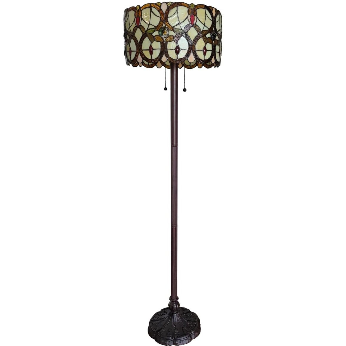 HomeRoots 478096 63 x 16 x 16 in. Brown Two Light Traditional Shaped Floor Lamp with Brown & White Stained Glass Drum Shade