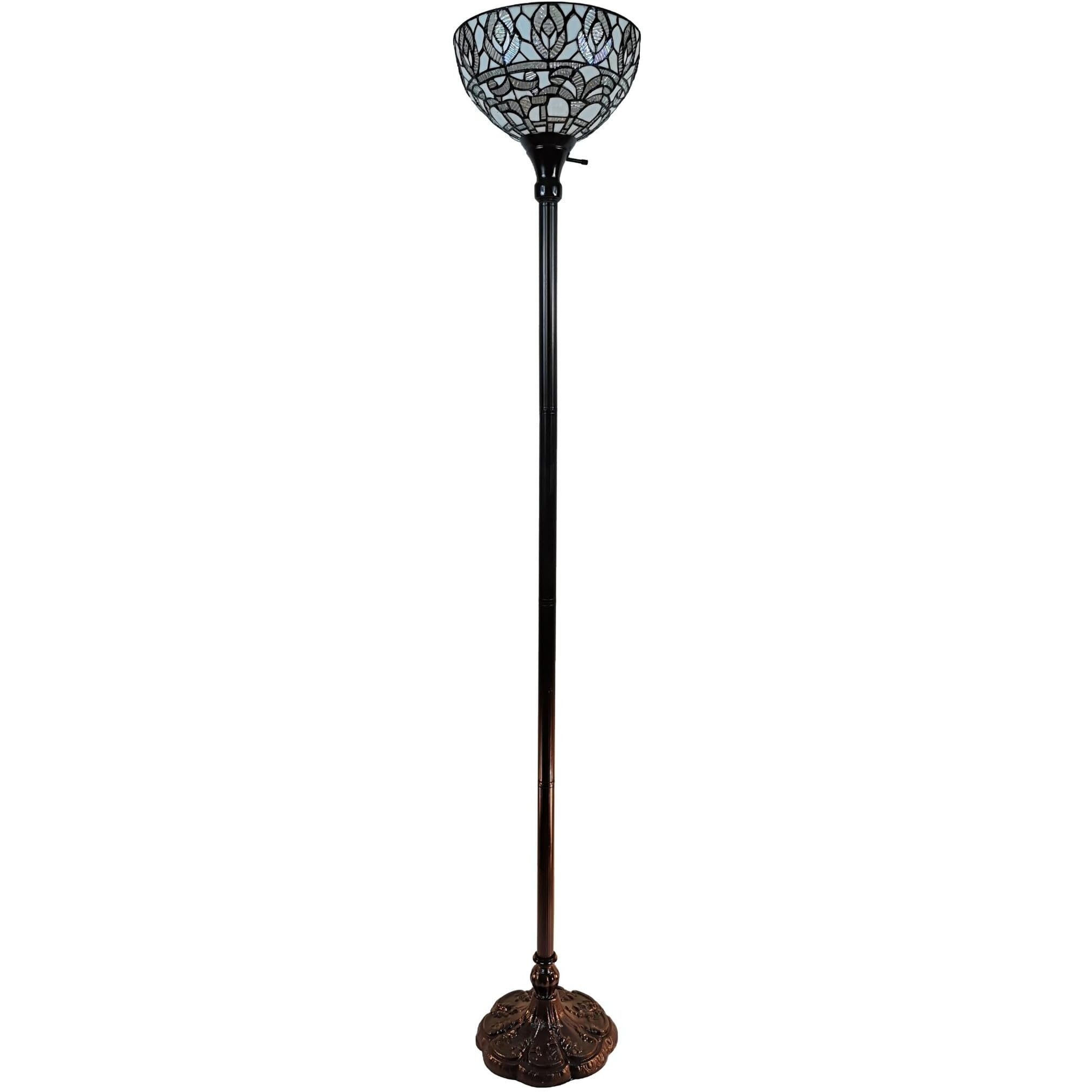 HomeRoots 478091 62 x 12 x 12 in. Brown Traditional Shaped Floor Lamp with White Peacock Feather Stained Glass Dome Shade