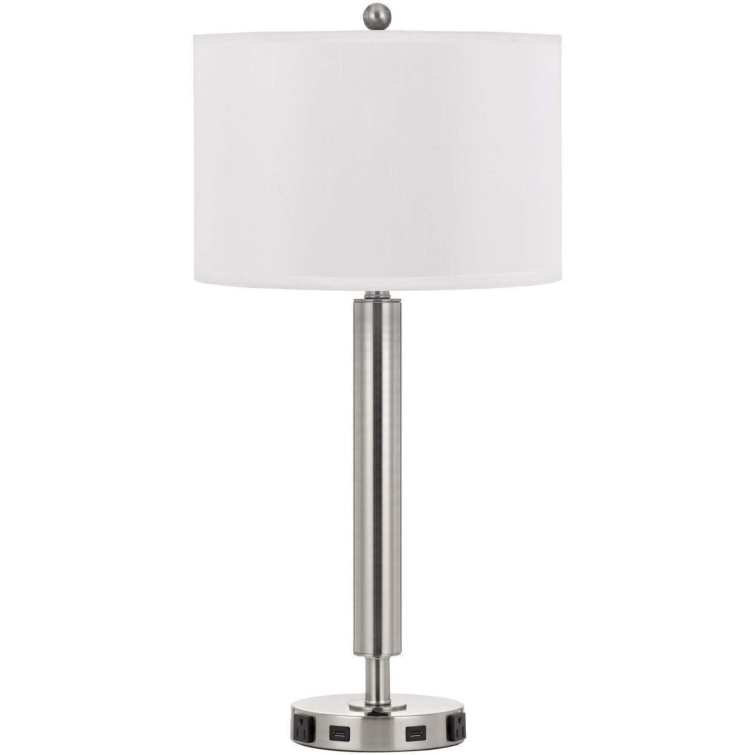 HomeRoots 524754 30 in. Metal USB Table Lamp with Drum Shade Nickel & White