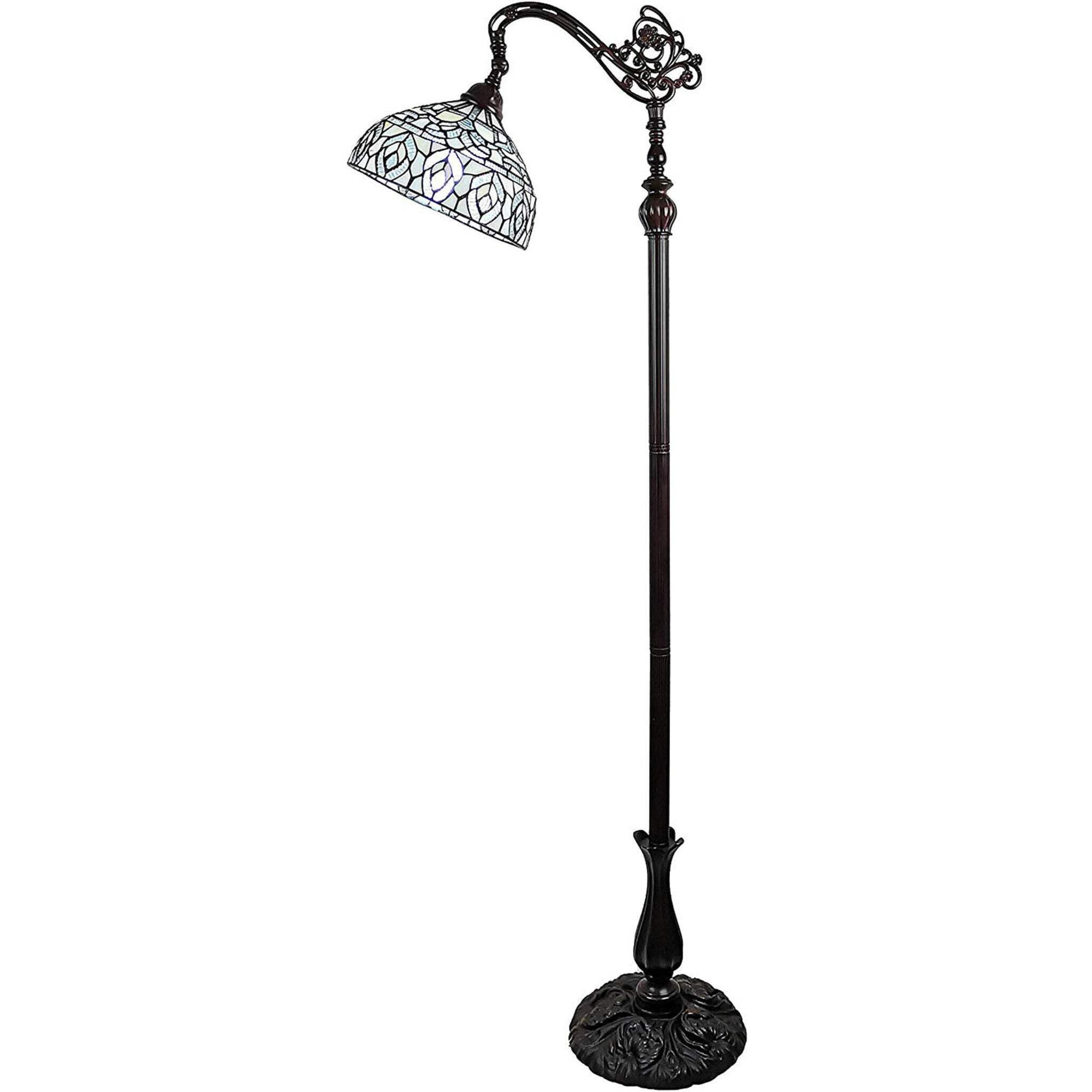 HomeRoots 478092 72 x 12 x 12 in. Brown Traditional Shaped Floor Lamp with White Peacock Feather Stained Glass Dome Shade