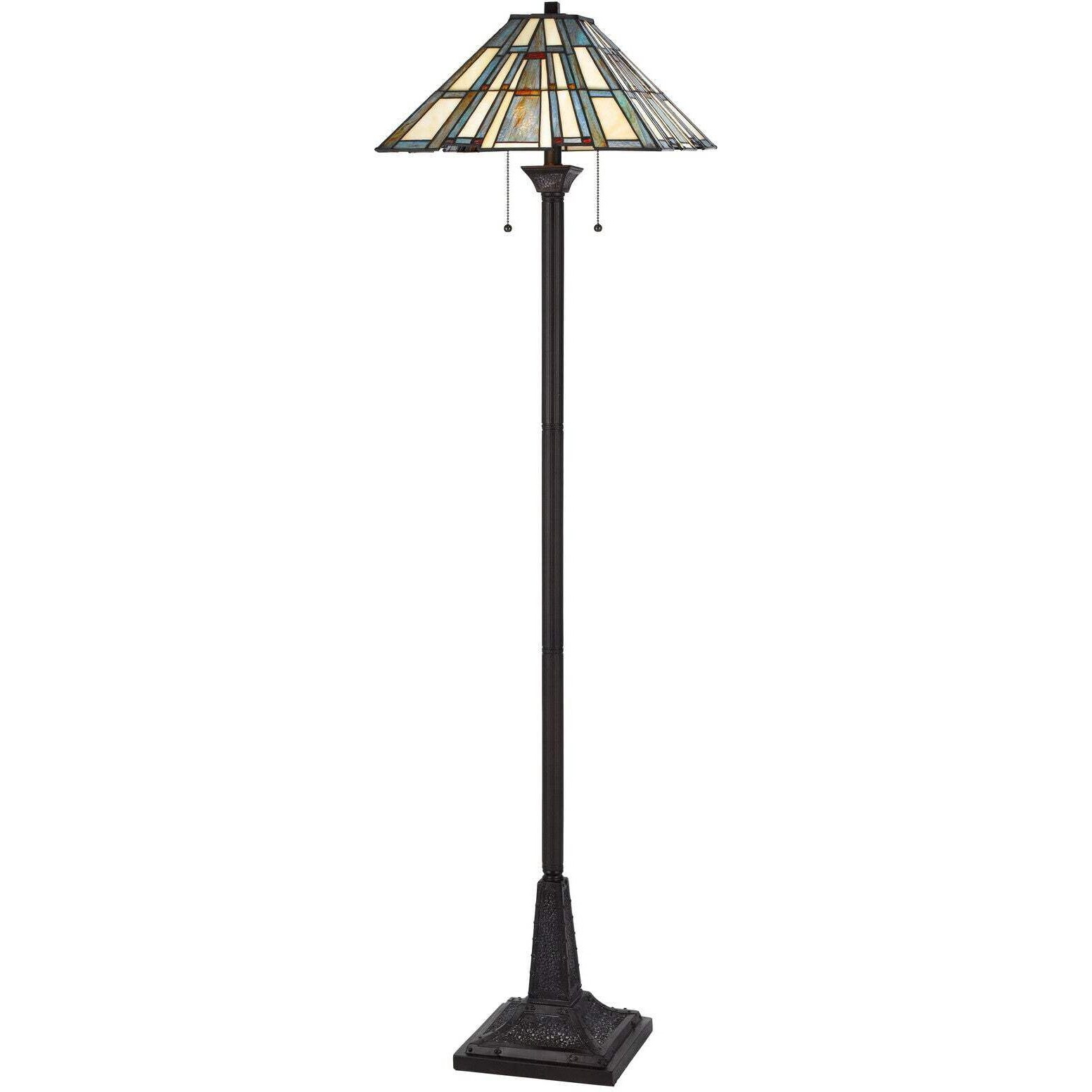 HomeRoots 526317 62 in. Bronze Two Light Traditional Floor Lamp with Gray & Ivory Abstract Tiffany Glass Empire Shade