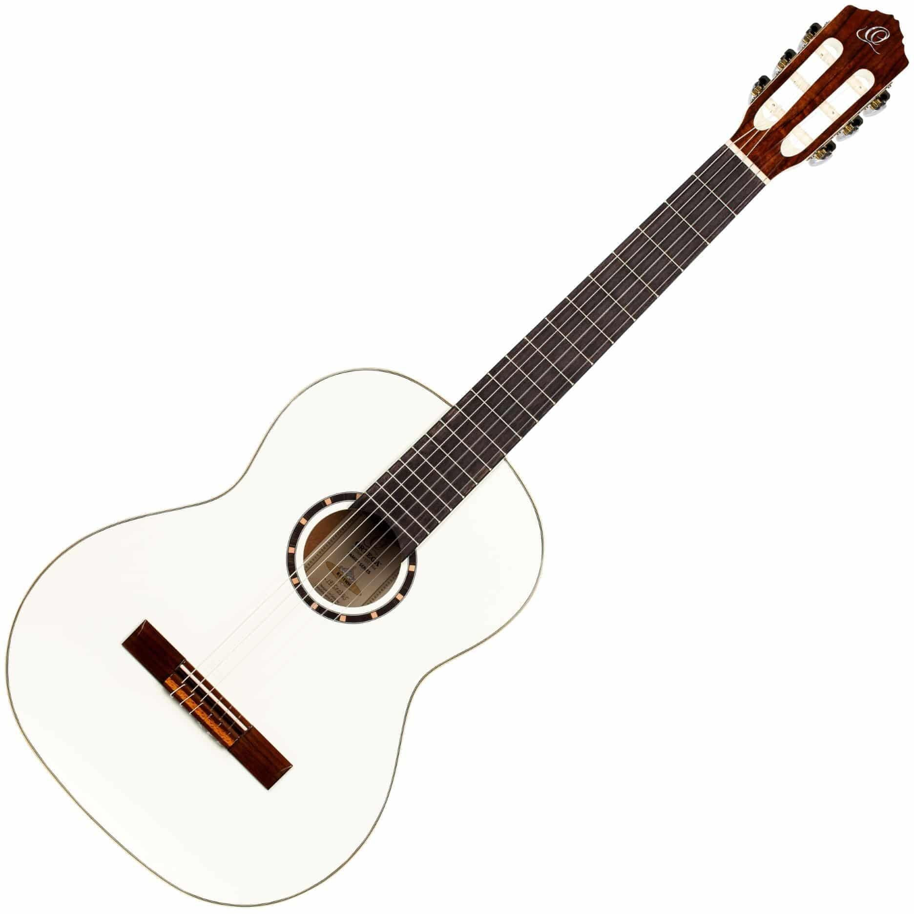 Ortega Guitars 6 Family Series Size Nylon String Classical Guitar w/Bag, Right, Spruce Top-White-Gloss, Full - Slim Neck (R121WH)