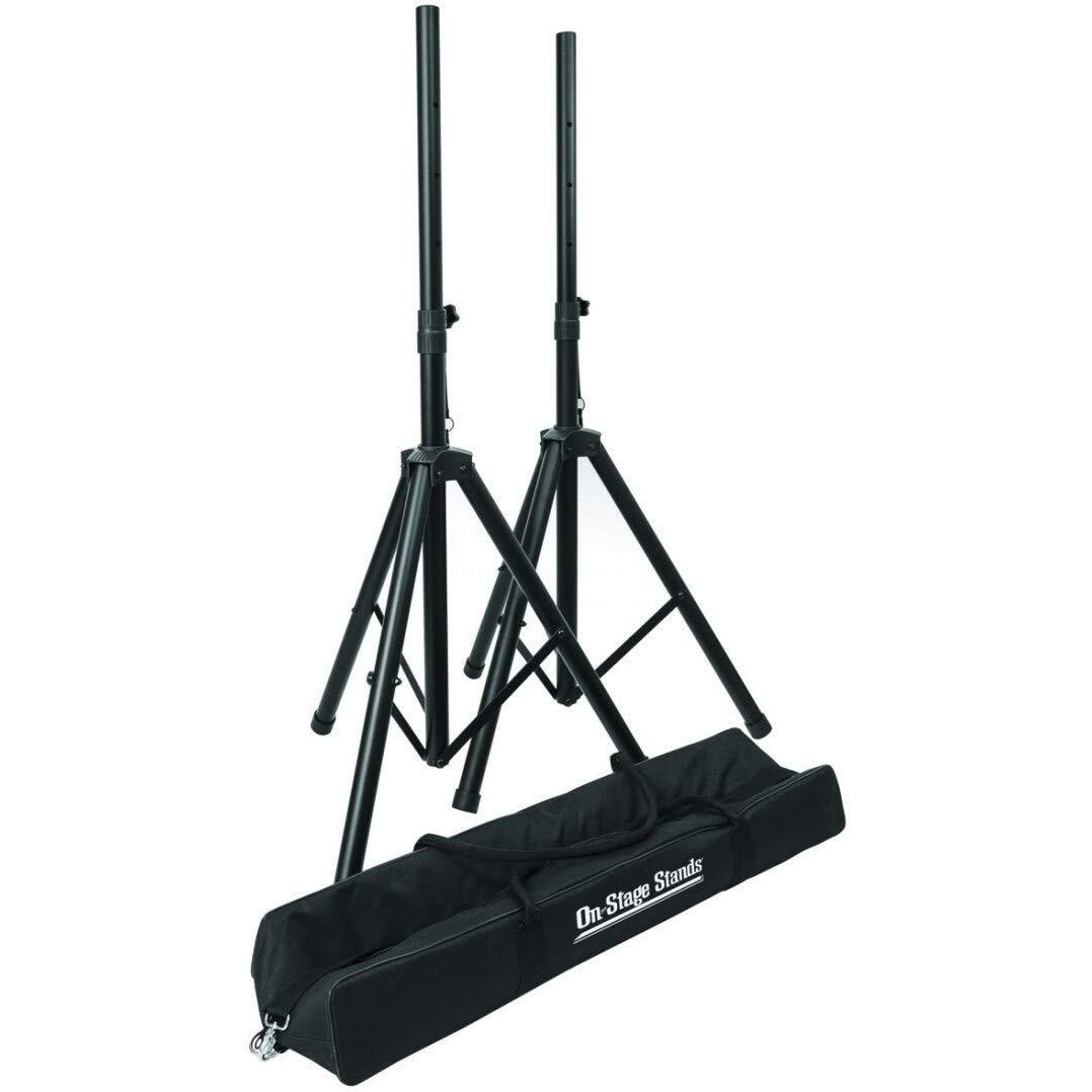 On-Stage SSP7750 Compact Speaker Stand Pack (Pair, Folding, Portable, Tripod Base, Loudspeaker Setup, Carrying Bag, Adjustable Height, Nonslip Rubber Feet, 1 3/8 or 1 1/2 Pole, Aluminum, Black)