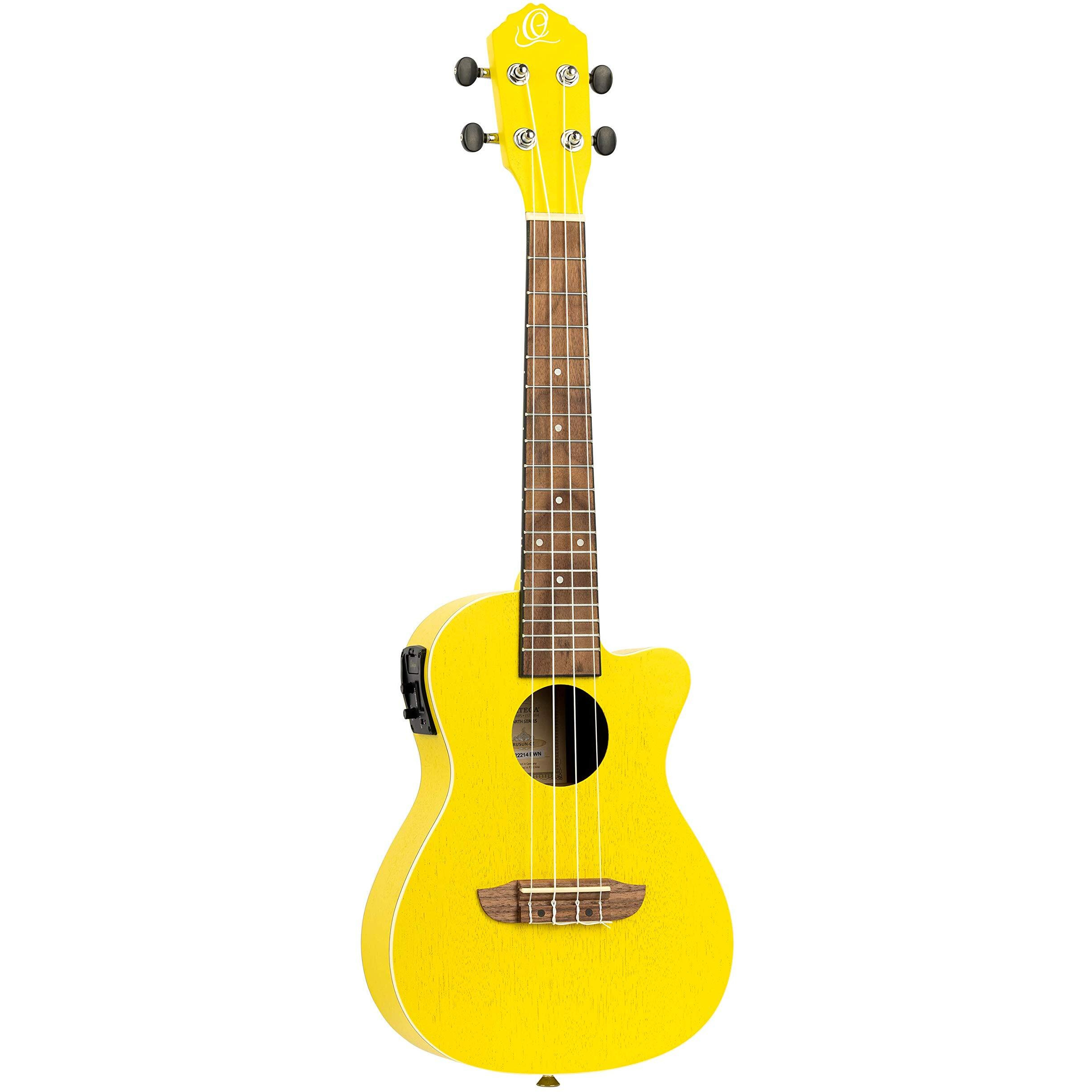 Ortega Guitars, 4-String Earth Series Concert Acoustic/Electric Ukulele, Right, Sun Yellow, (RUSUN-CE)