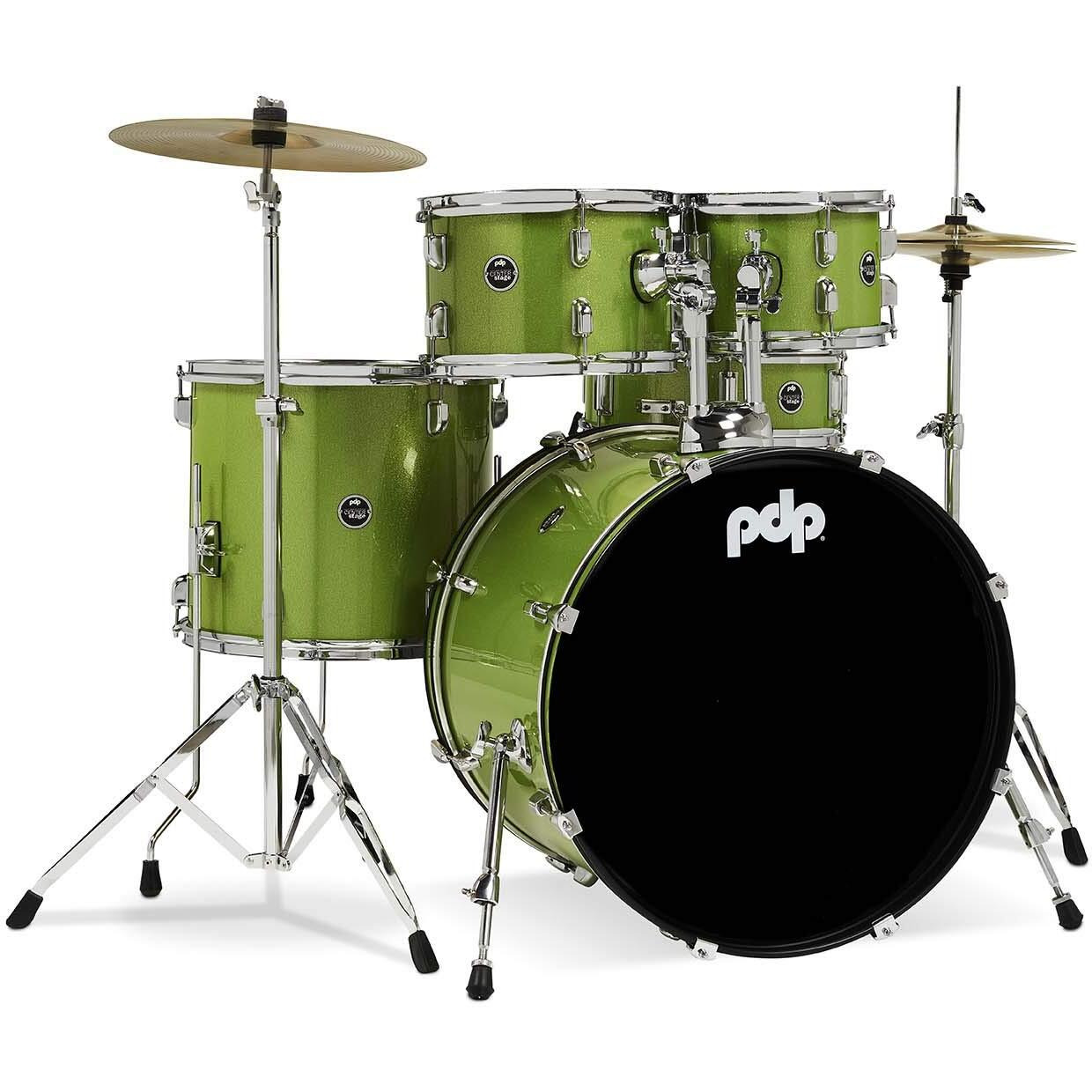 Pacific Drums Center Stage Complete Drumkit, 5 Drum Set, Electric Green Sparkle, 7x10, 8x12, 14x16 Floor, 16x22 Kick, 5x14 Snare (PDCE2215KTEL)