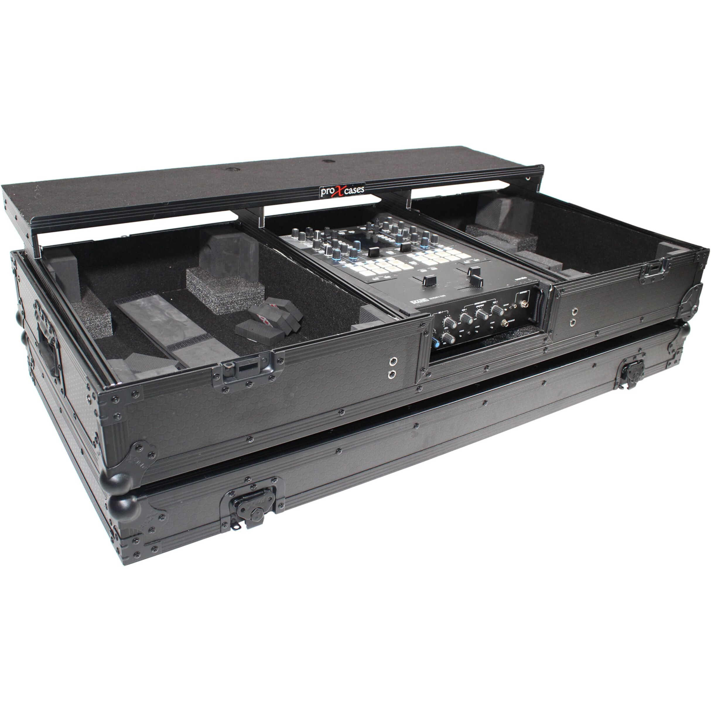 ProX XS-TMC1012WLTFBTLBL Flight Coffin Case For 12  Rane 72 Mixer and 2 Turntables in Battle Mode W/Laptop Shelf and Wheels Black on Black