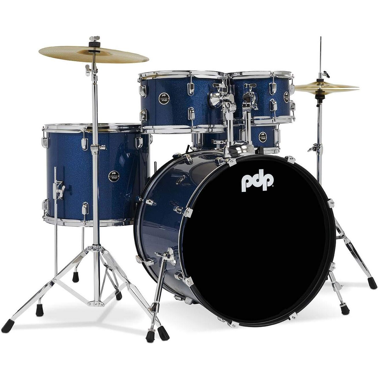 Pacific Drums Center Stage Complete Drumkit, 5 Drum Set, Royal Blue Sparkle, 7x10, 8x12, 14x16 Floor, 16x22 Kick, 5x14 Snare (PDCE2215KTRB)