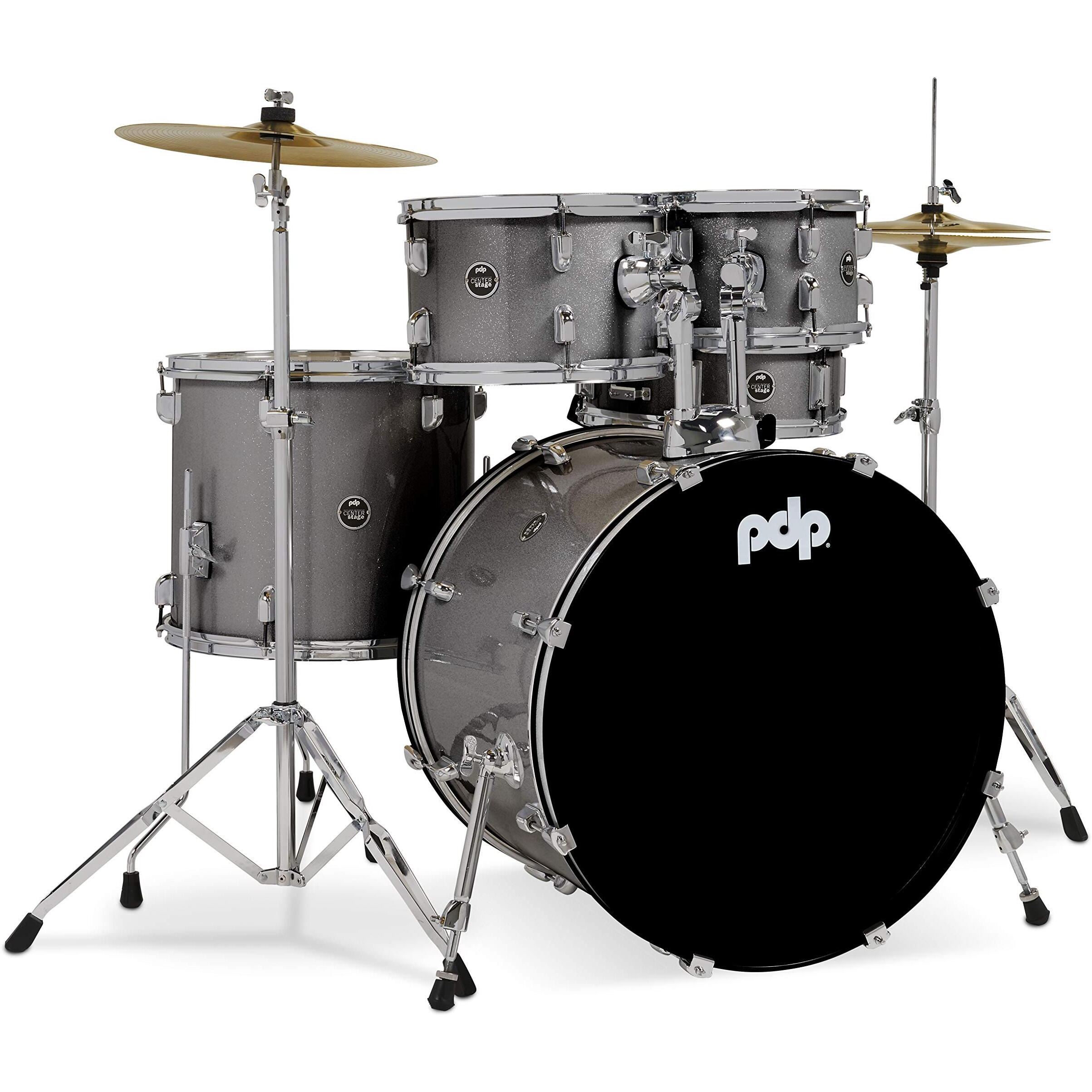 Pacific Drums Center Stage Complete Drumkit, 5 Drum Set, Silver Sparkle, 7x10, 8x12, 14x16 Floor, 16x22 Kick, 5x14 Snare (PDCE2215KTSS)