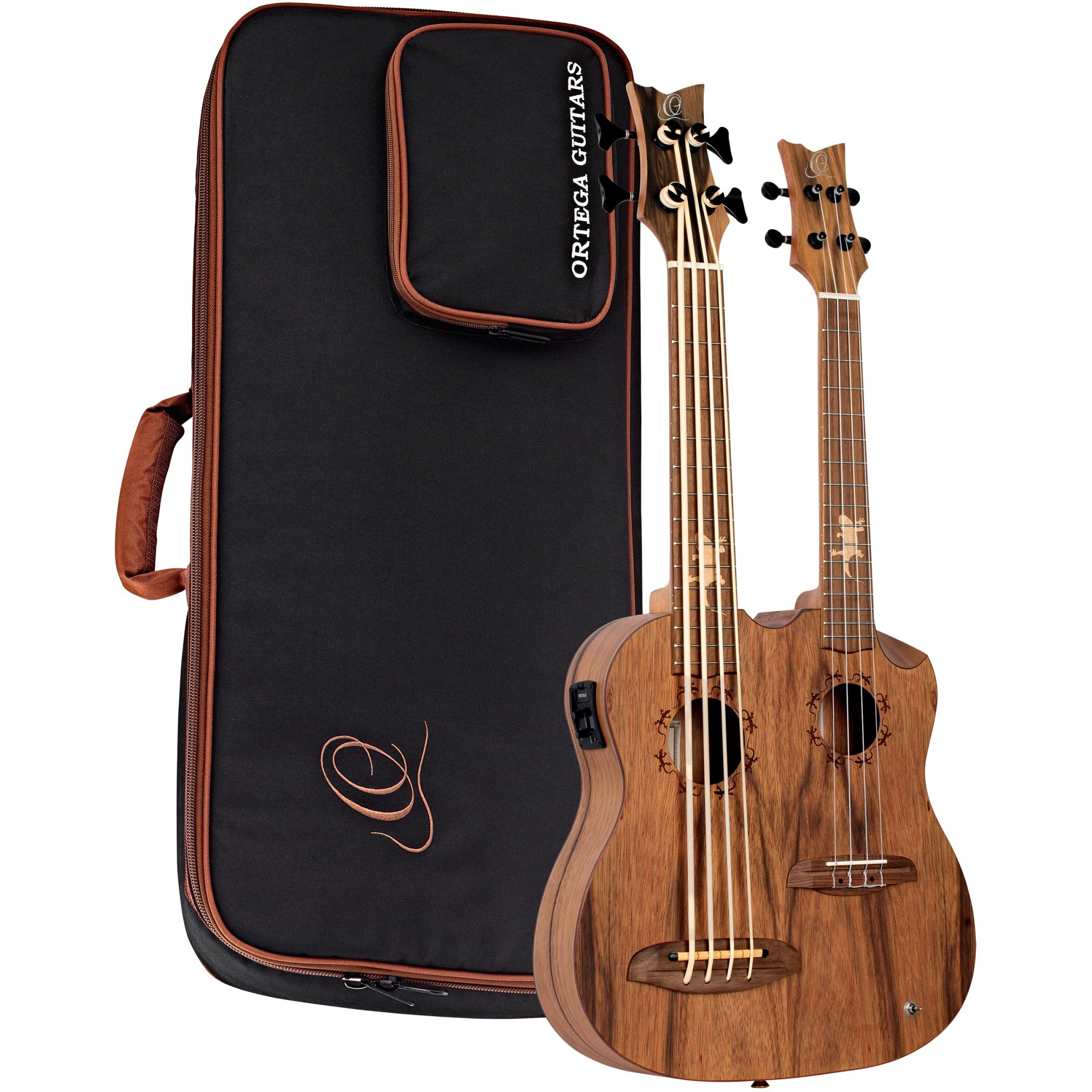 Ortega Guitars, 4-String Custom Built Series Double Neck Tenor Acoustic-Electric Ukulele & Uke-Bass w/Bag, Right (HYDRA-BSTE)