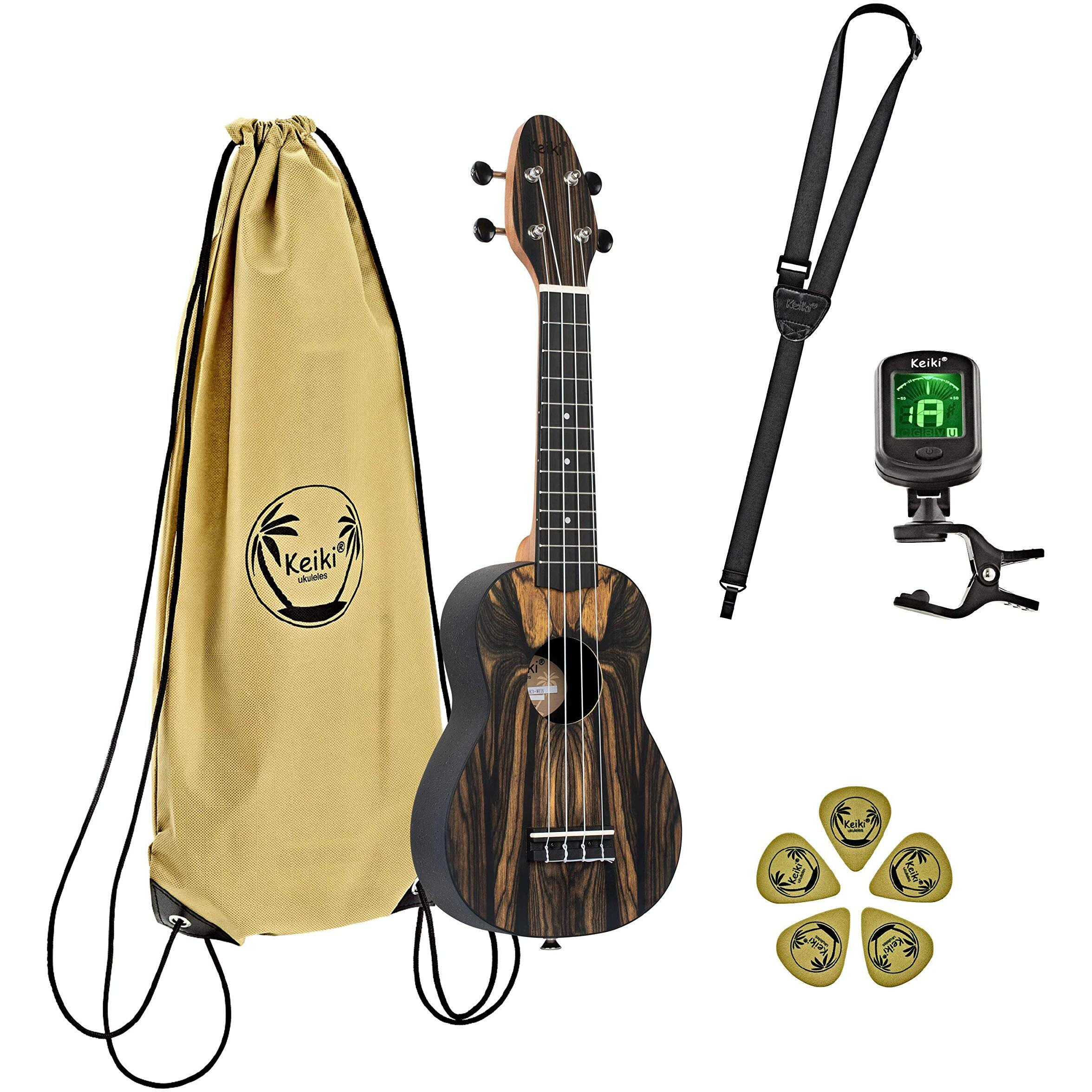 Ortega Guitars, 4-String Keiki Exotic Wood Series Soprano Ukulele Pack-Icludes Tuner, Picks, Strap & Tote Bag, Right, White Ebony, (K3-WEB)