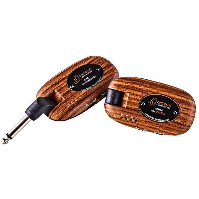 Ortega Guitars, 4 Channel/2.4 GHz-Complete Digital Wireless System for Acoustic & Electric Instruments-Transmitter & Receiver, Walnut Design (ODWS-1WND)