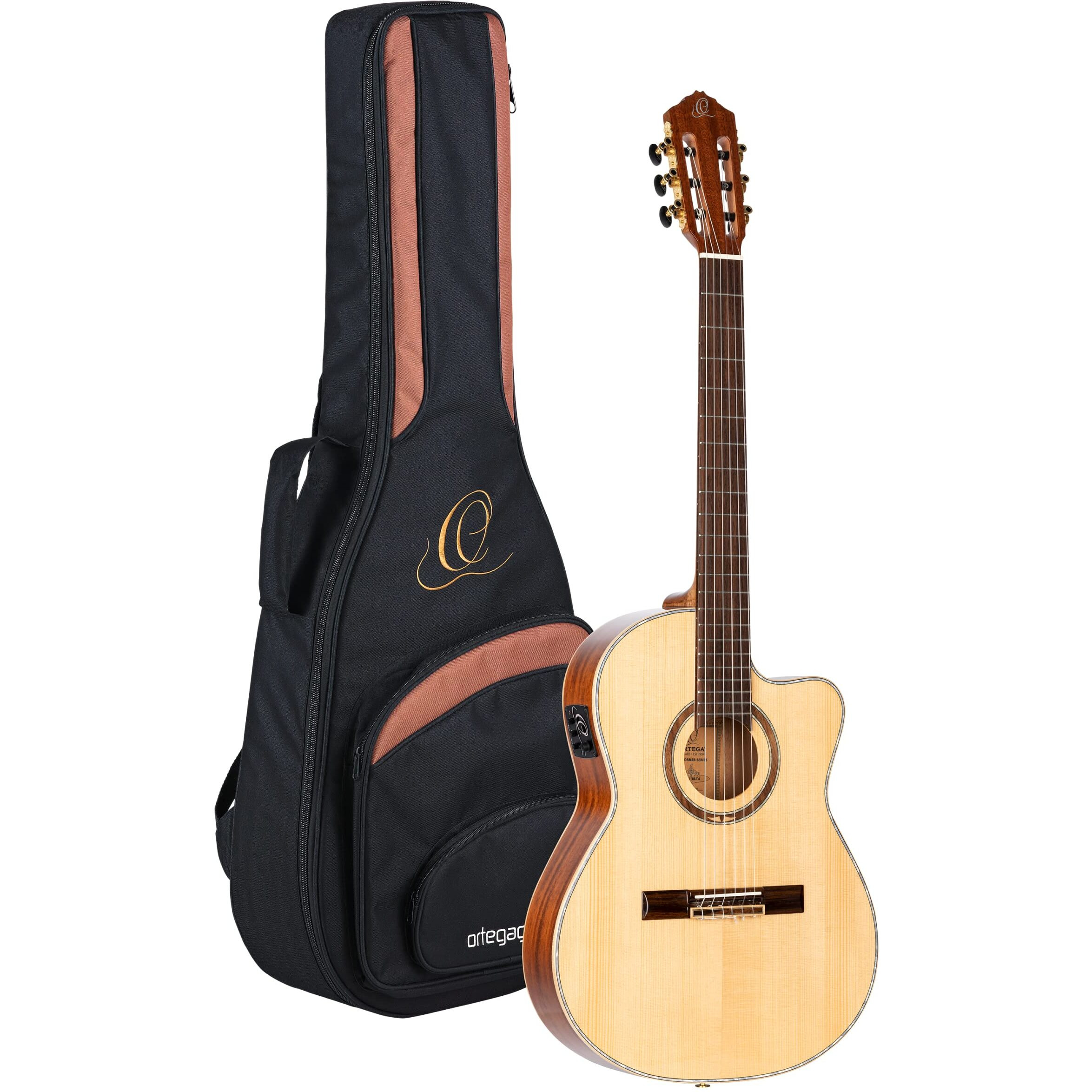 Ortega Guitars 6 String Performer Series Solid Top Thinline Crossover Acoustic-Electric Nylon Classical Guitar w/Bag, Right (RCE138-T4)