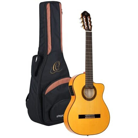 Ortega Guitars 6 String Traditional Series - Made in Spain Flamenco Solid Top Thinline Acoustic-Electric Classical Guitar w/Bag, Right-Handed, Natural, 4/4 (RCE270FT)