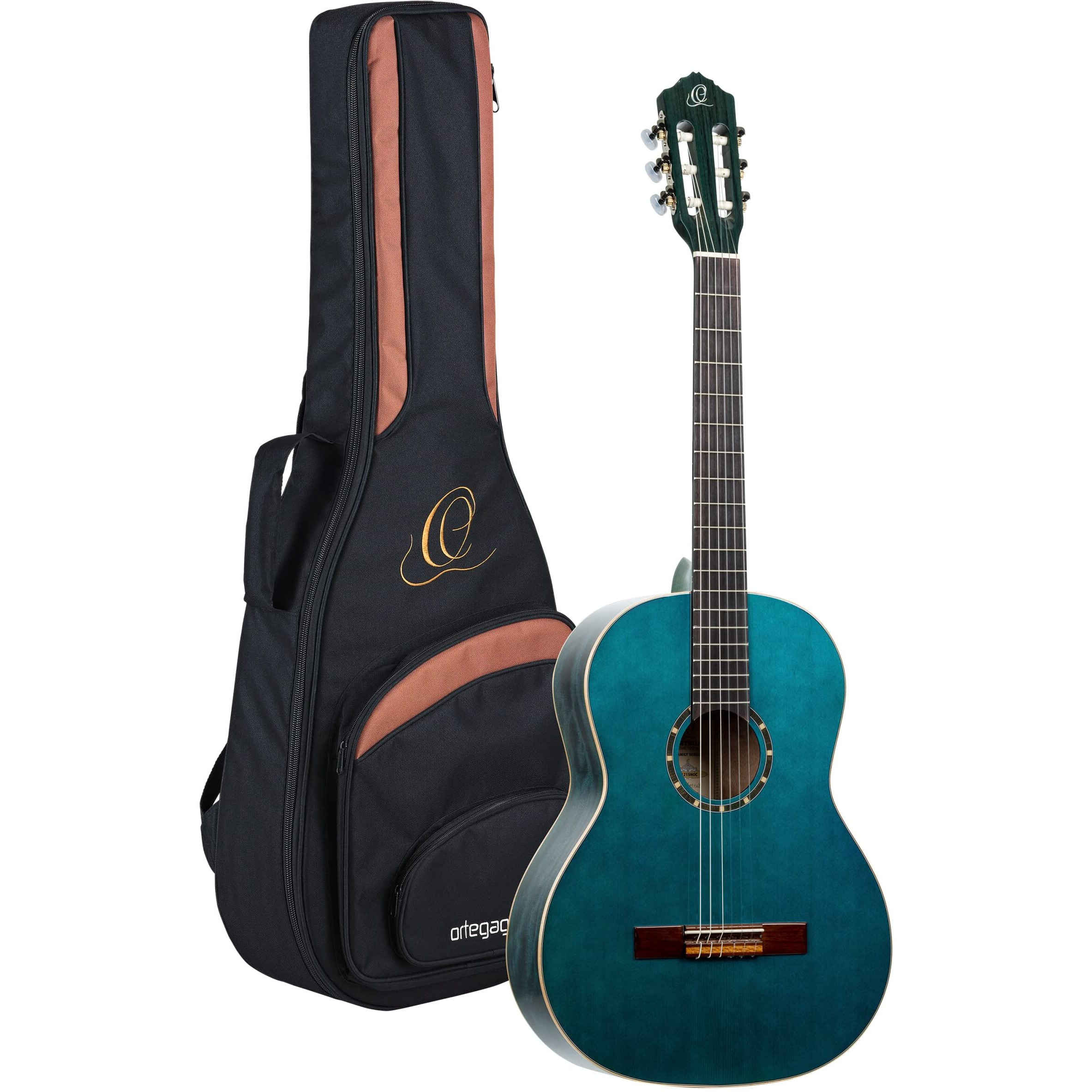 Ortega Guitars 6 String Family Series Full Size Slim Neck Nylon Classical Guitar w/Bag, Right-Handed, Ocean Blue, 4/4 (R121SNOC)