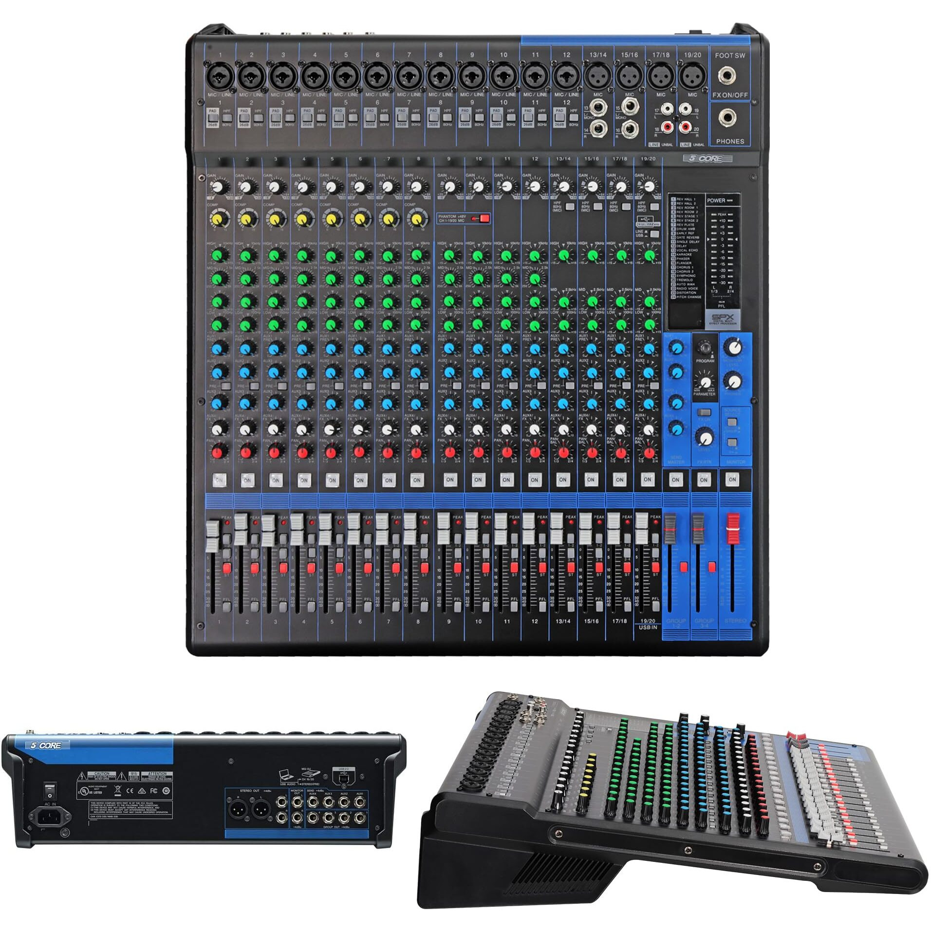 5 Core Audio Dj Mixer 20 Channel Professional Stereo Sound Board Console w 24 SPX Effect USB 48V Phantom Power for Studio Recording Podcasting DJ Show- MX 20CH XU