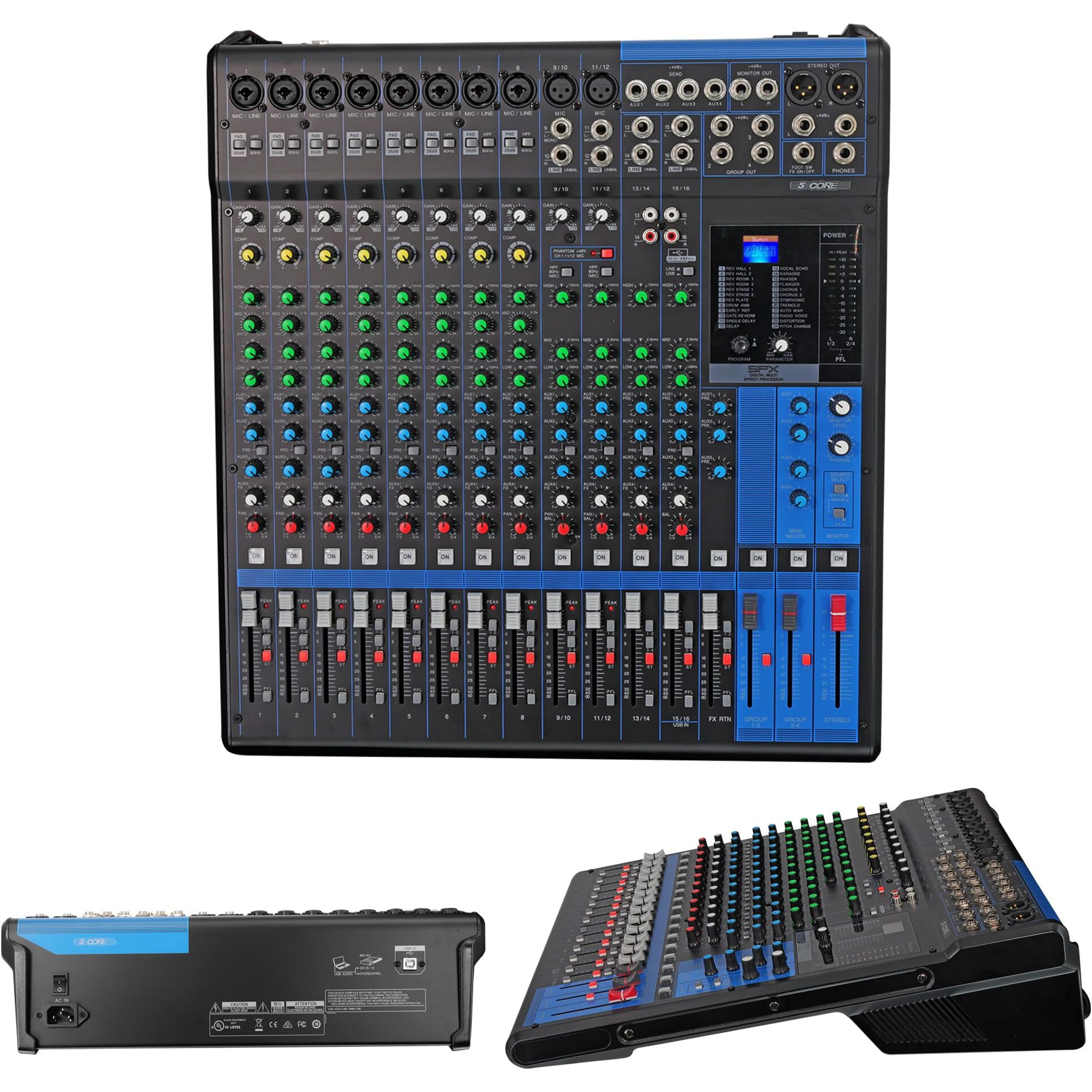 5 Core Audio Dj Mixer  16 Channel Professional Stereo Sound Board Console  w 24 SPX Effect  USB  48V Phantom Power for Studio Recording Podcasting DJ Show MX 16CH XU