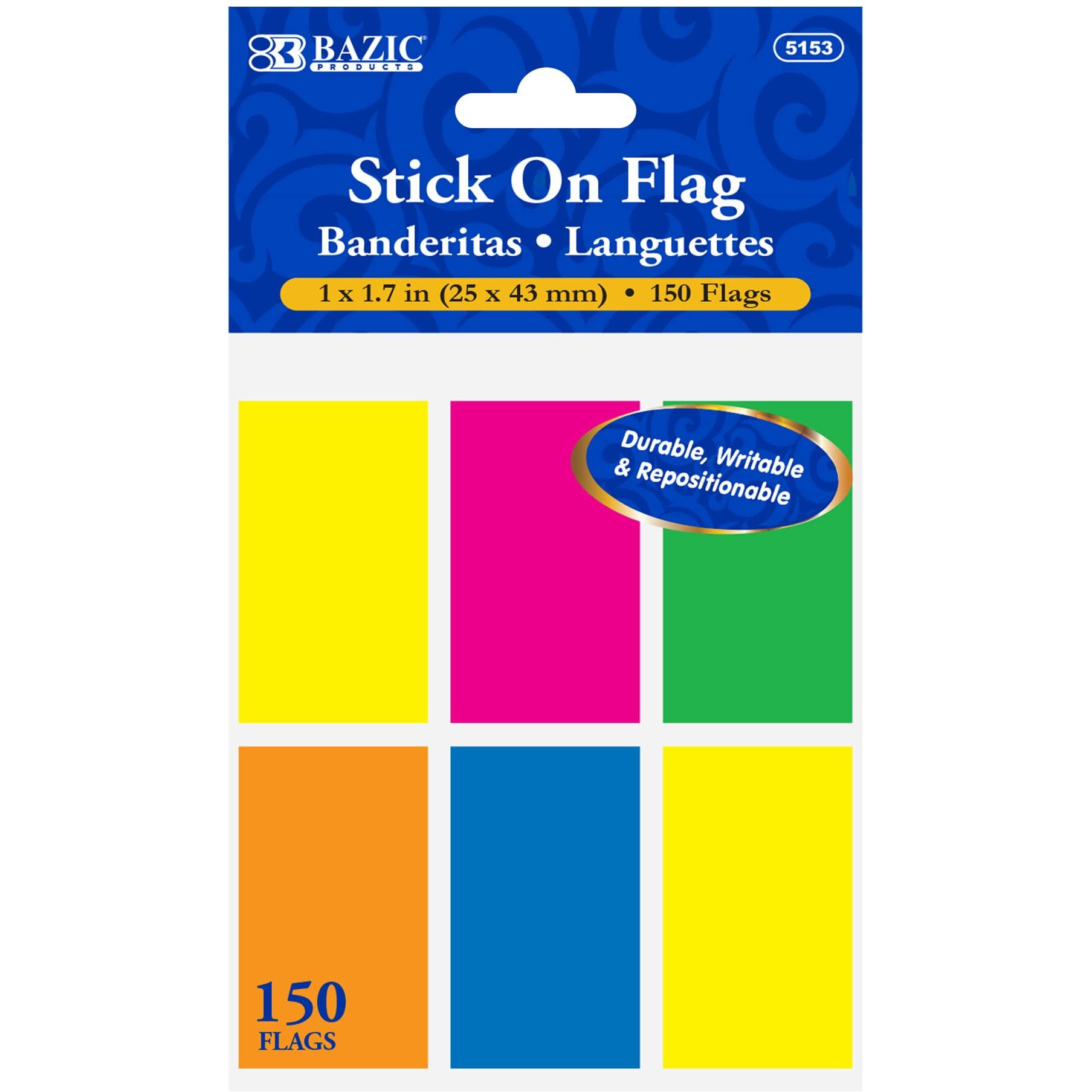 BAZIC Neon Page Markers 1x1.7 Neon Colored PET Index Tabs, Sticky Notes for Page Marker Bookmarks, Writable File Tab Flags (150 Flags/Pack), 1-Pack