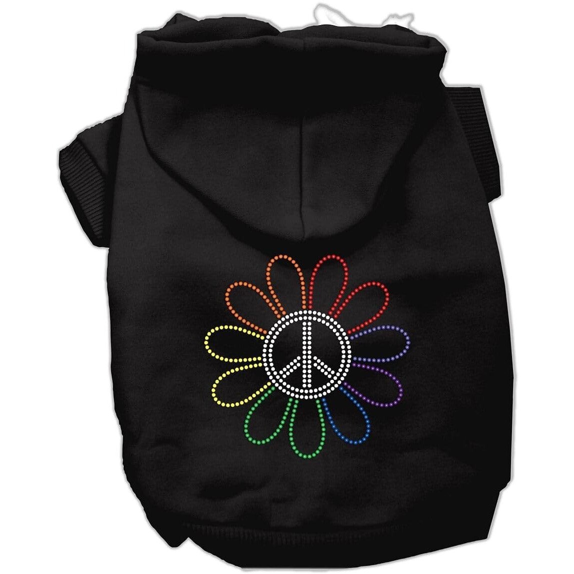 Pet, Dog & Cat Hoodie Rhinestone,  Rainbow Flower Peace Sign  Black XS (0-3 lbs.)