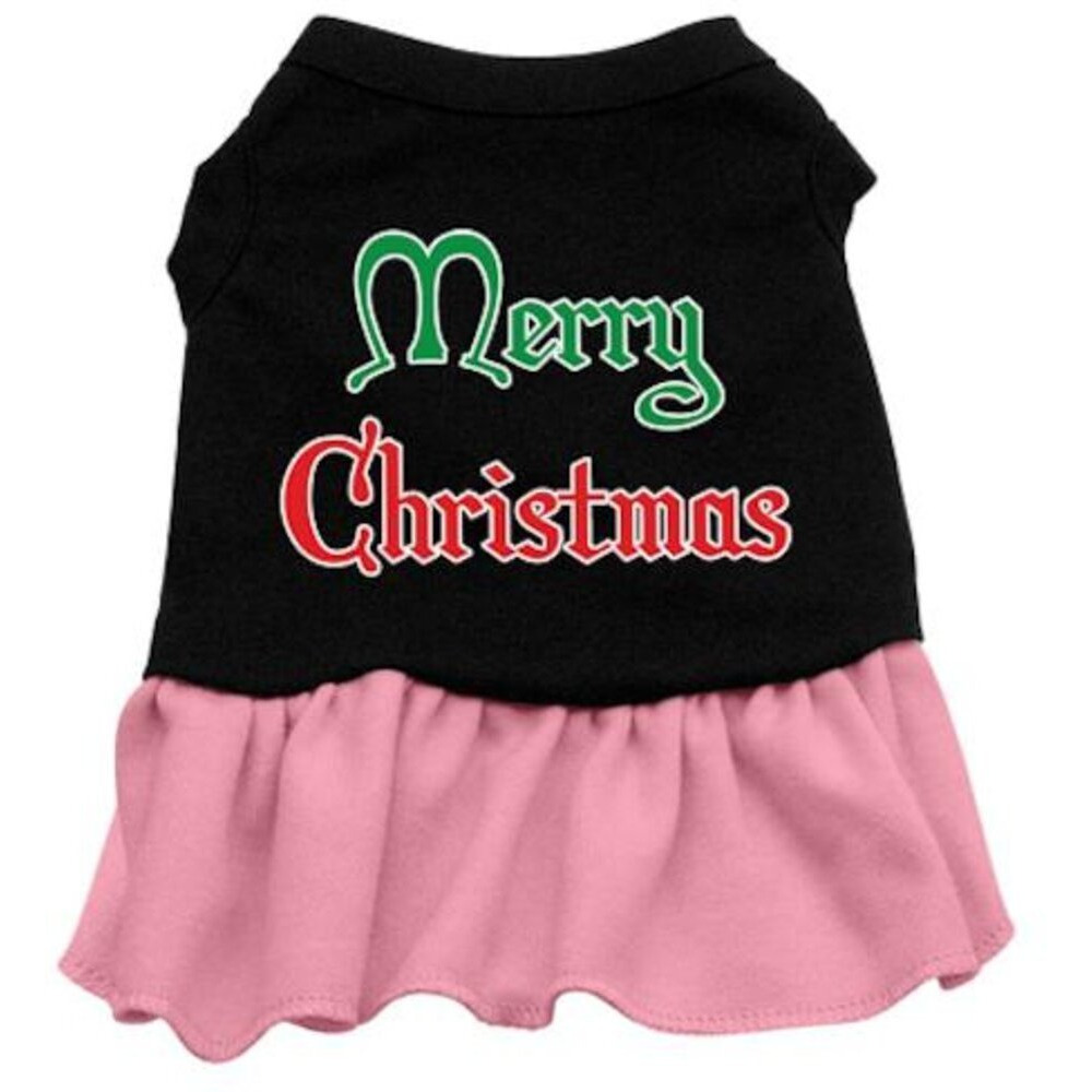 Christmas Pet Dog & Cat Dress Screen Printed,  Merry Christmas  Black W/Light Pink SM (3-6 lbs.)