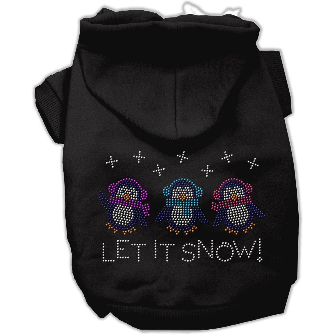 Christmas Pet Dog & Cat Hoodie Rhinestone,  Let It Snow Penguins  Black MD (6-10 lbs.)