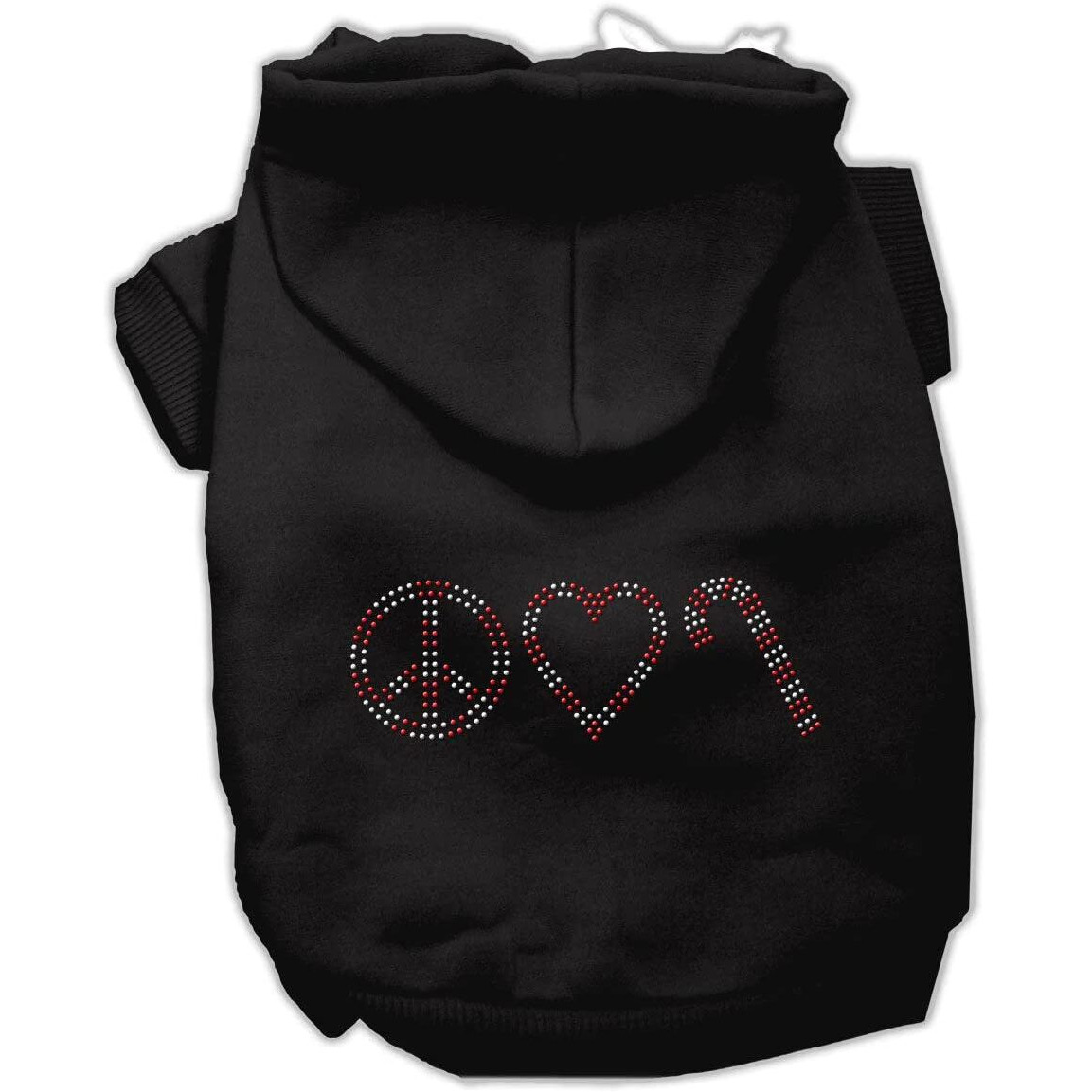 Christmas Pet Dog & Cat Hoodie Rhinestone,  Peace, Love and Candy Canes  Black LG (10-14 lbs.)