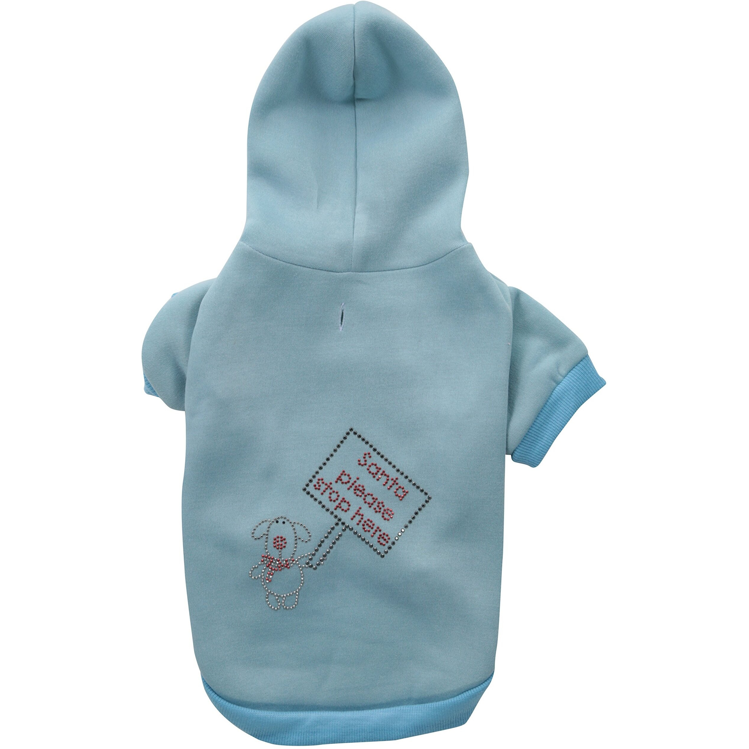 Christmas Pet, Dog & Cat Hoodie Rhinestone,  Santa, Please Stop Here  Baby Blue LG (10-14 lbs.)