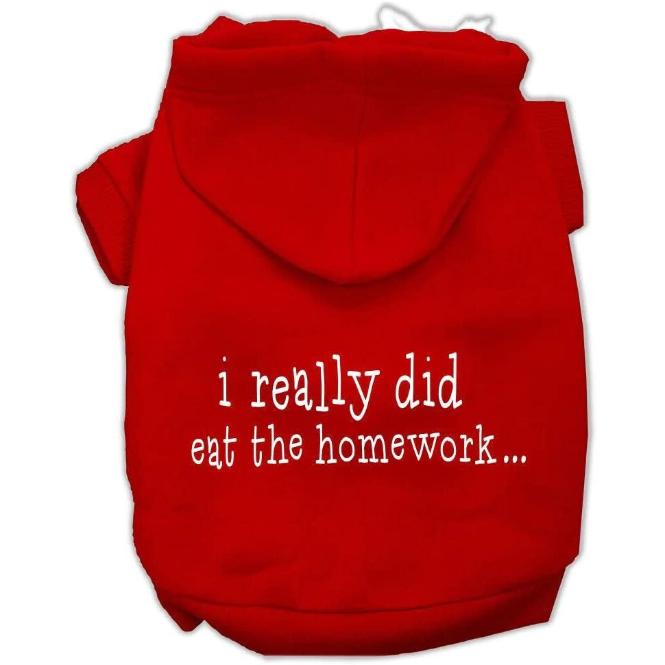 Pet Dog & Cat Hoodie Screen Printed,  I Really Did Eat The Homework  Red MD (6-10 lbs.)