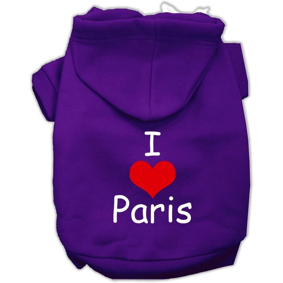 Pet, Dog & Cat Hoodie Screen Printed,  I Love Paris  Purple MD (6-10 lbs.)