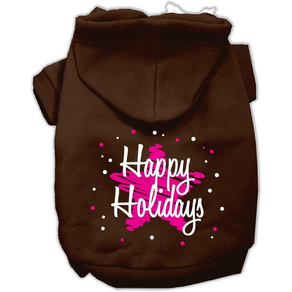 Christmas Pet Dog & Cat Hoodie Screen Printed,  Scribble Happy Holidays  Brown MD (6-10 lbs.)