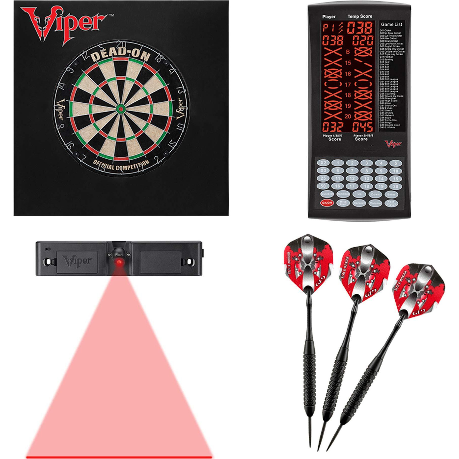 Viper Dead-On Bristle Dartboard, Viper ProScore, Viper Black Mariah Steel Tip Darts 22 Grams, Viper Dart Laser Line, and Viper Wall Defender II