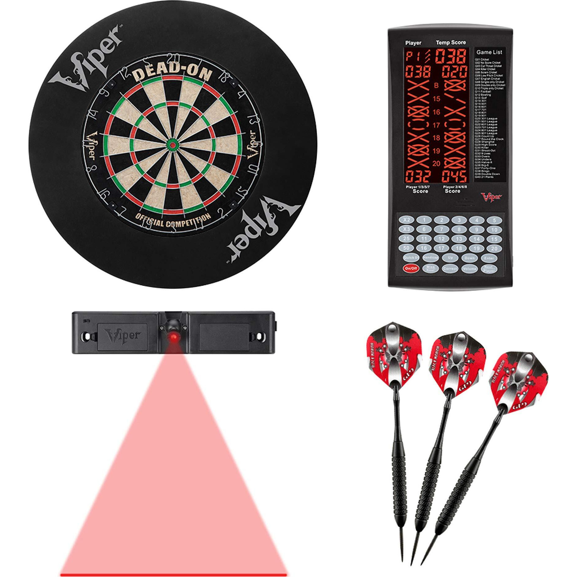 Viper Dead-On Bristle Dartboard, Viper ProScore, Viper Black Mariah Steel Tip Darts 22 Grams, Viper Dart Laser Line, and Viper Wall Defender