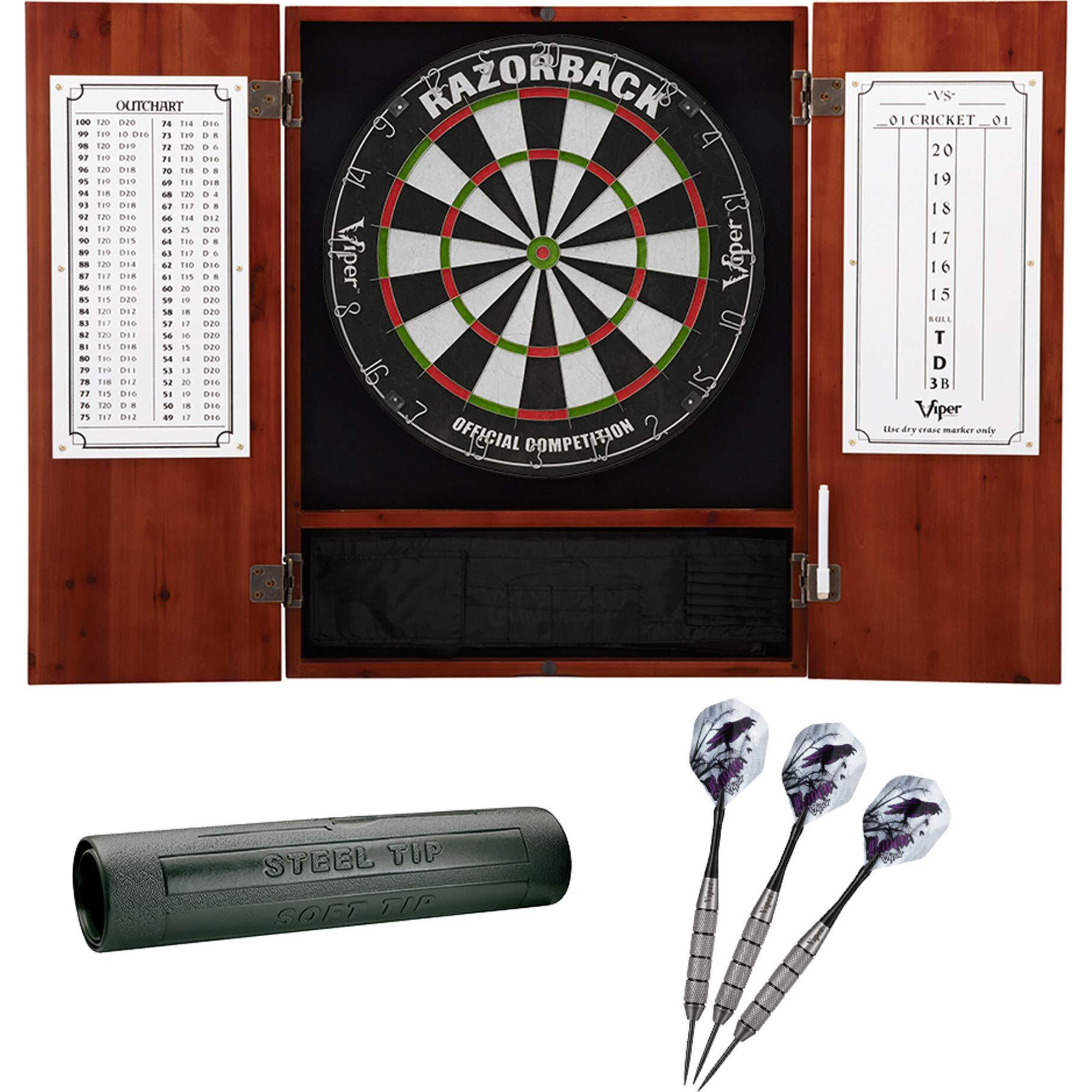 Viper Metropolitan Cinnamon Steel Tip Dartboard Cabinet, Viper Razorback Sisal Dartboard, Viper Underground Raven Steel Tip Darts 25 Grams, and Viper Vinyl Dart Mat