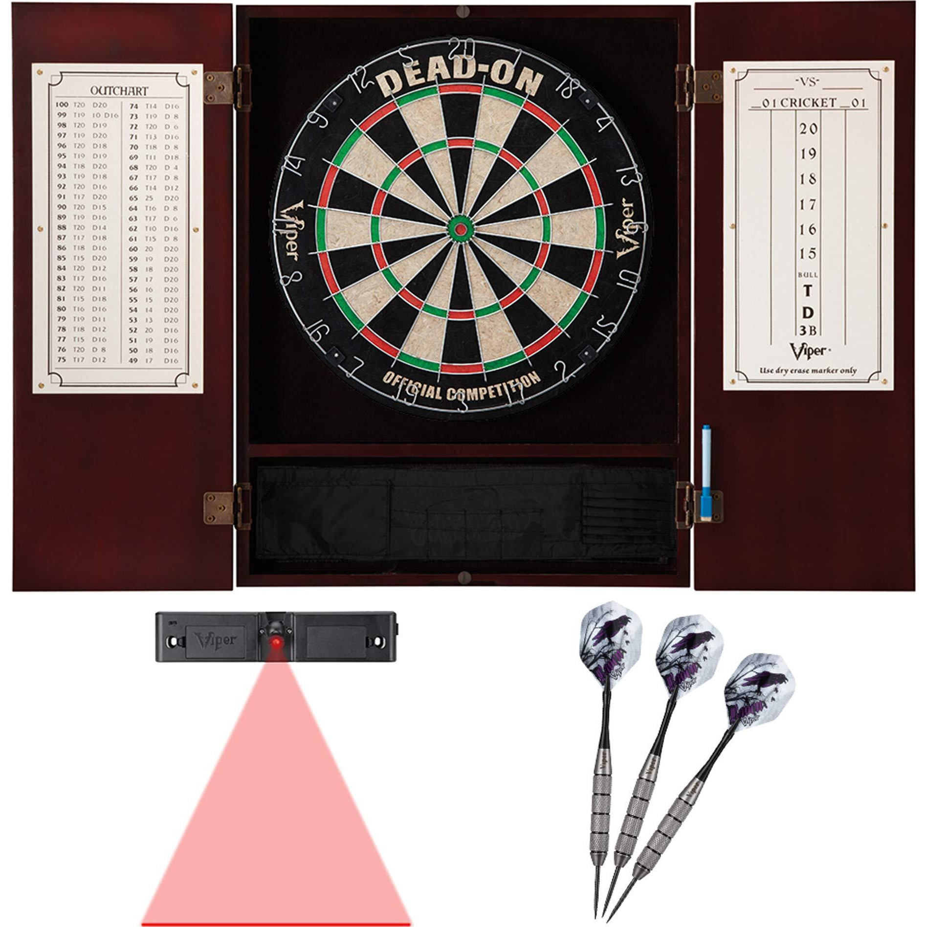 Viper Metropolitan Mahogany Steel Tip Dartboard Cabinet, Viper Dead-On Bristle Dartboard, Viper Underground Raven Steel Tip Darts 25 Grams, and Viper Dart Laser Line