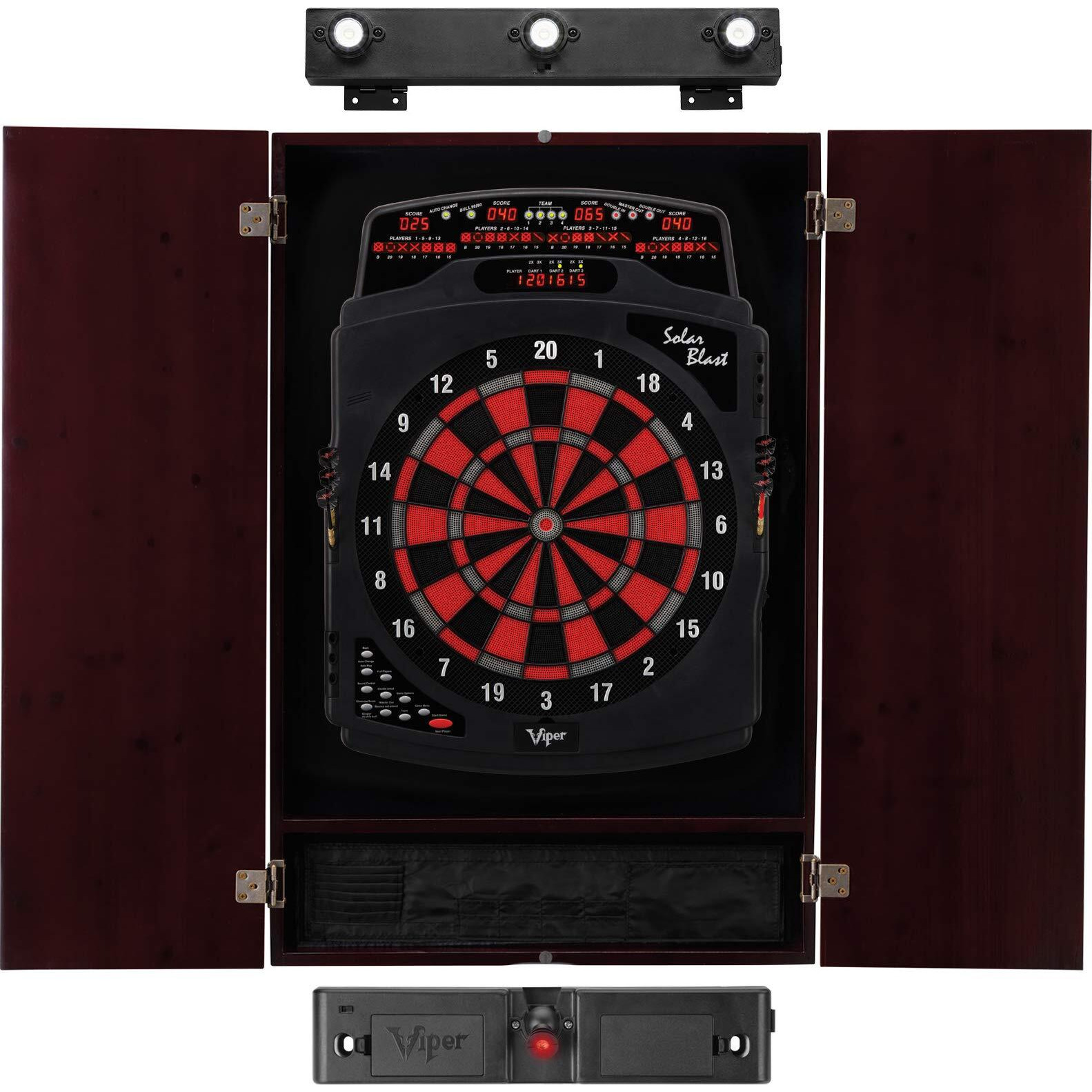 Viper by GLD Products Solar Blast Electronic Dartboard, Metropolitan Mahogany Cabinet, Laser Throw Line Marker & Shadow Buster Dartboard Lights